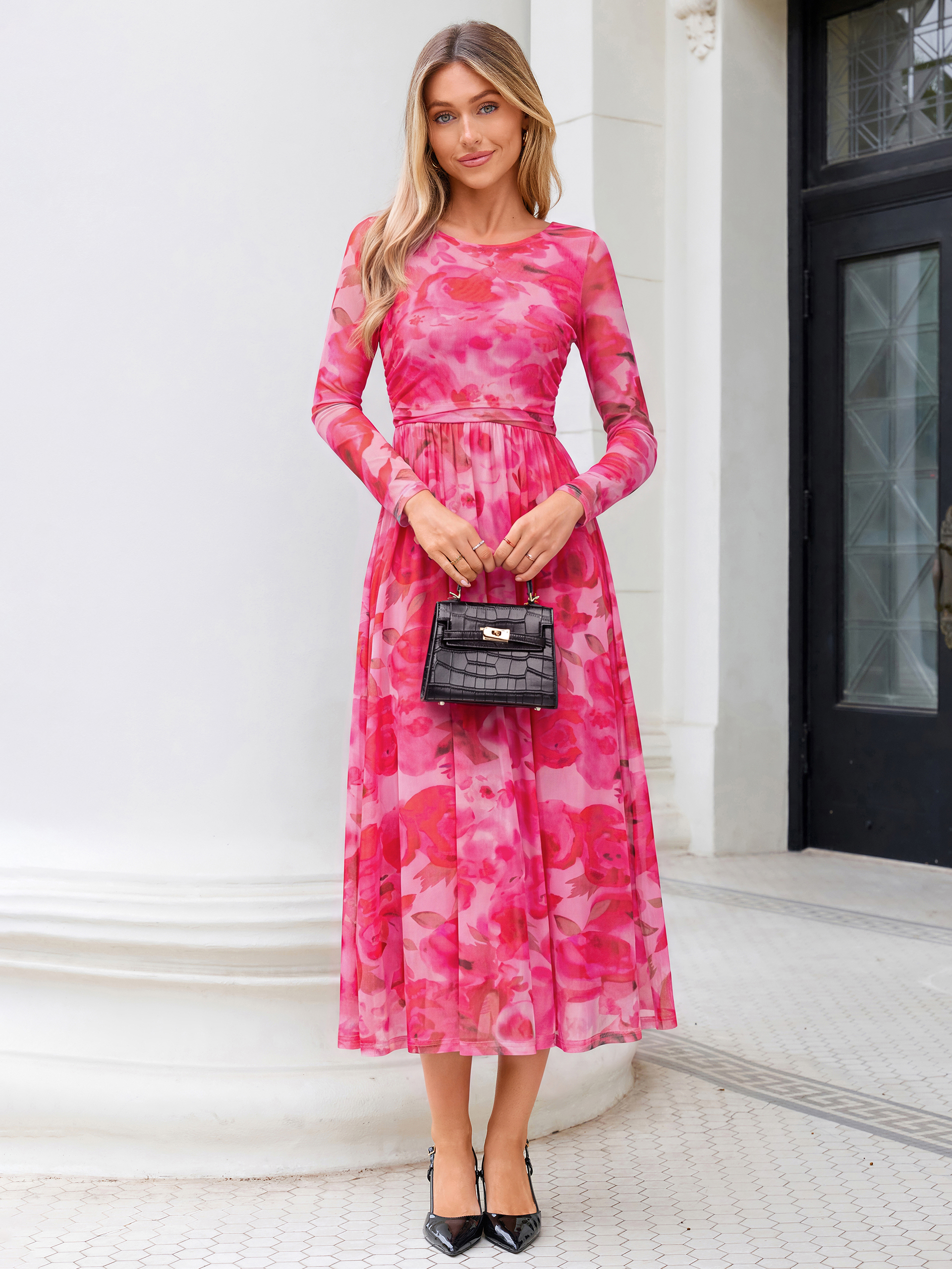 Floral Print Long Sleeve Boat Neck Mesh Maxi Dress - Pink Floral