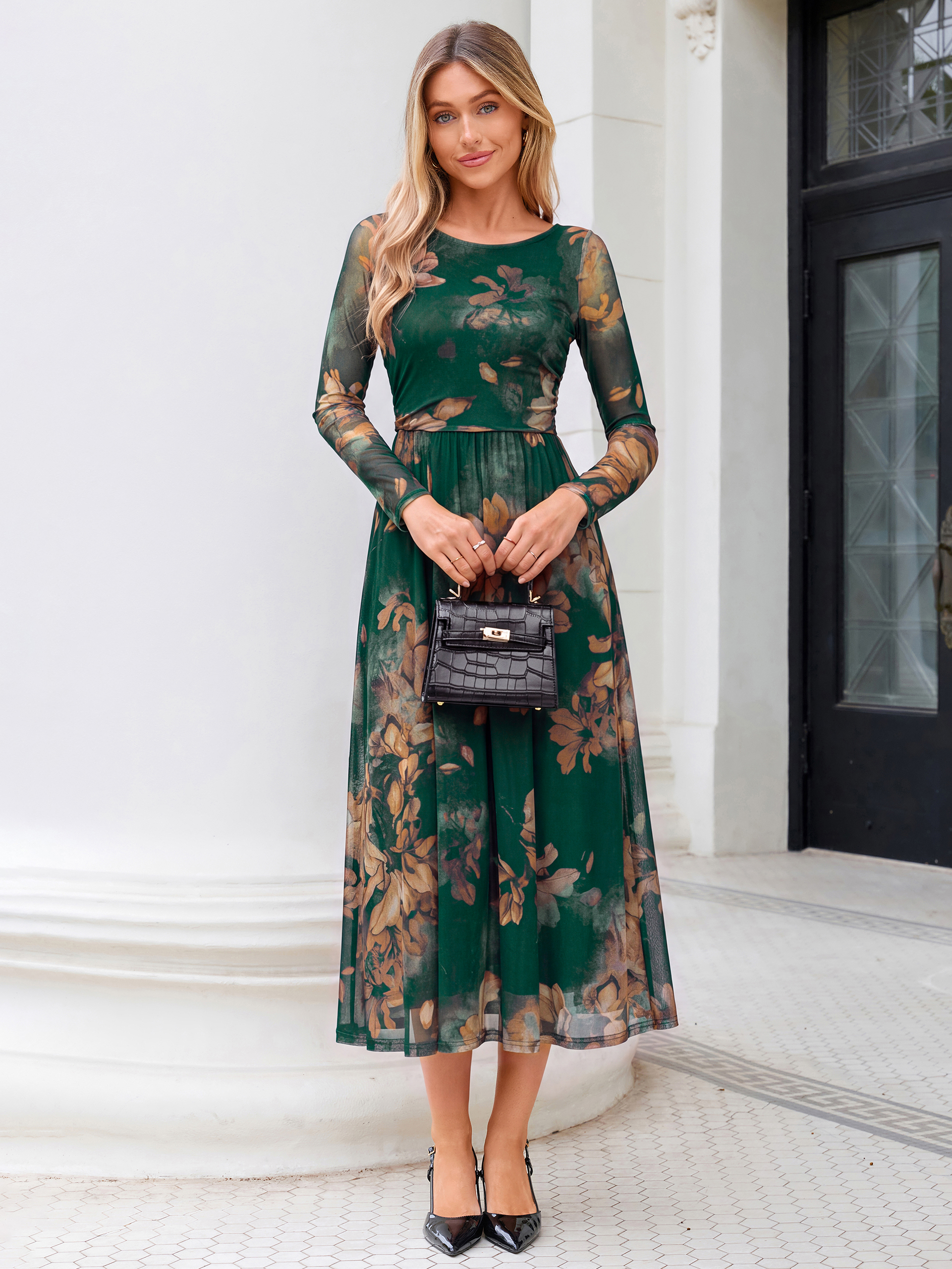 Floral Print Long Sleeve Boat Neck Mesh Maxi Dress - Dark Green Floral