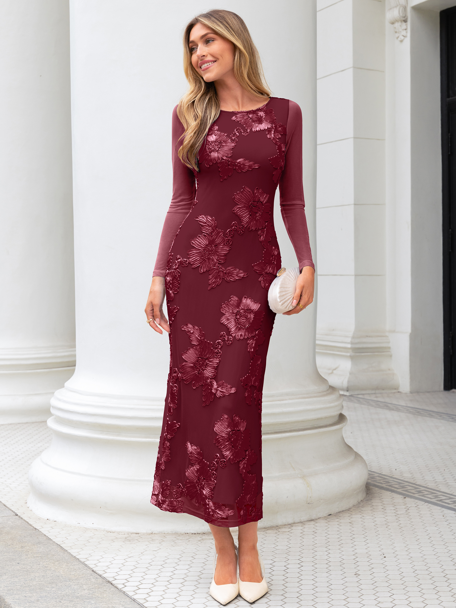 Embroidered Floral Mesh Long Sleeve Bodycon Maxi Dress