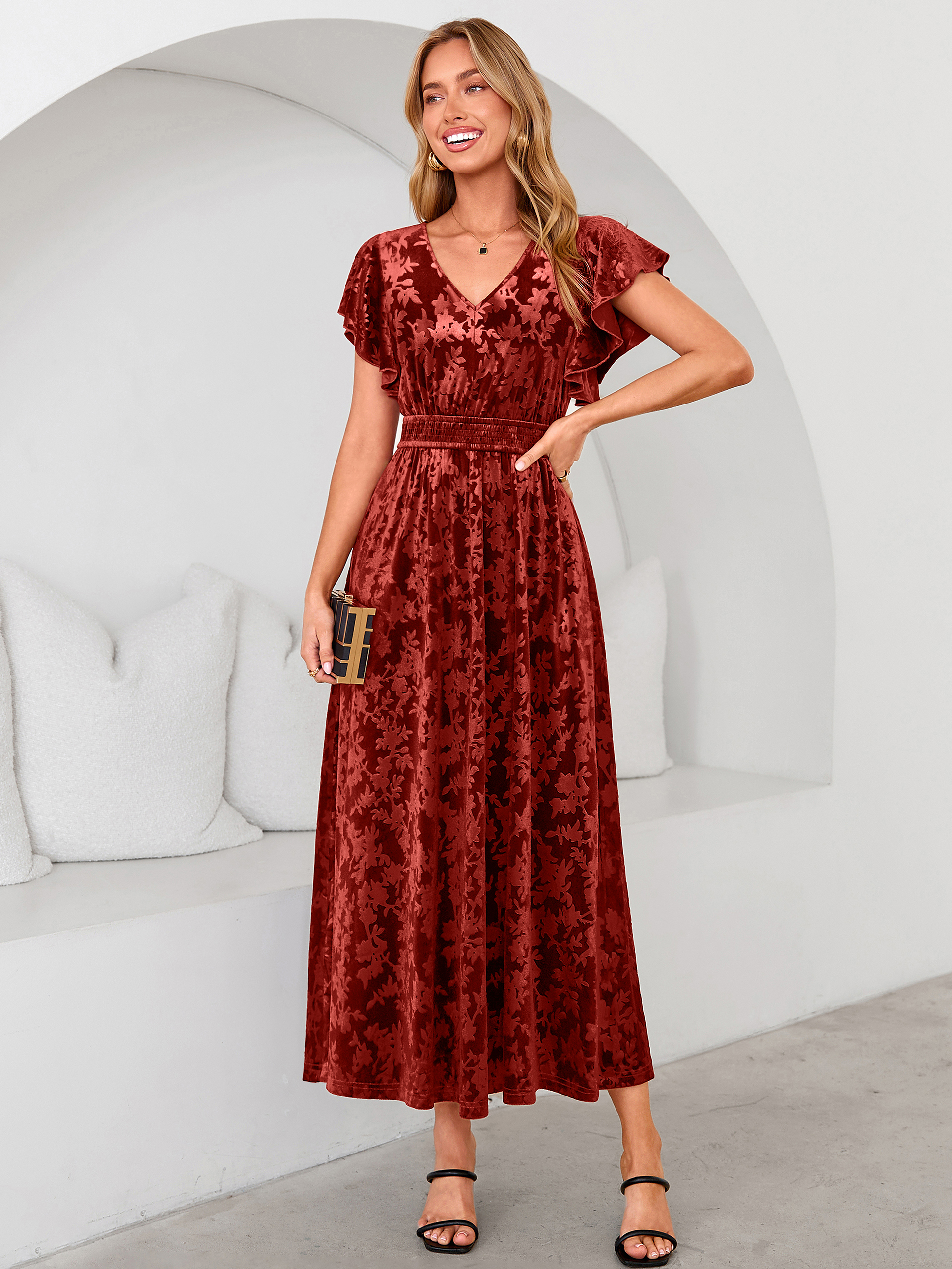 V-Neck Flutter Sleeve Burnout Velvet Maxi Dress