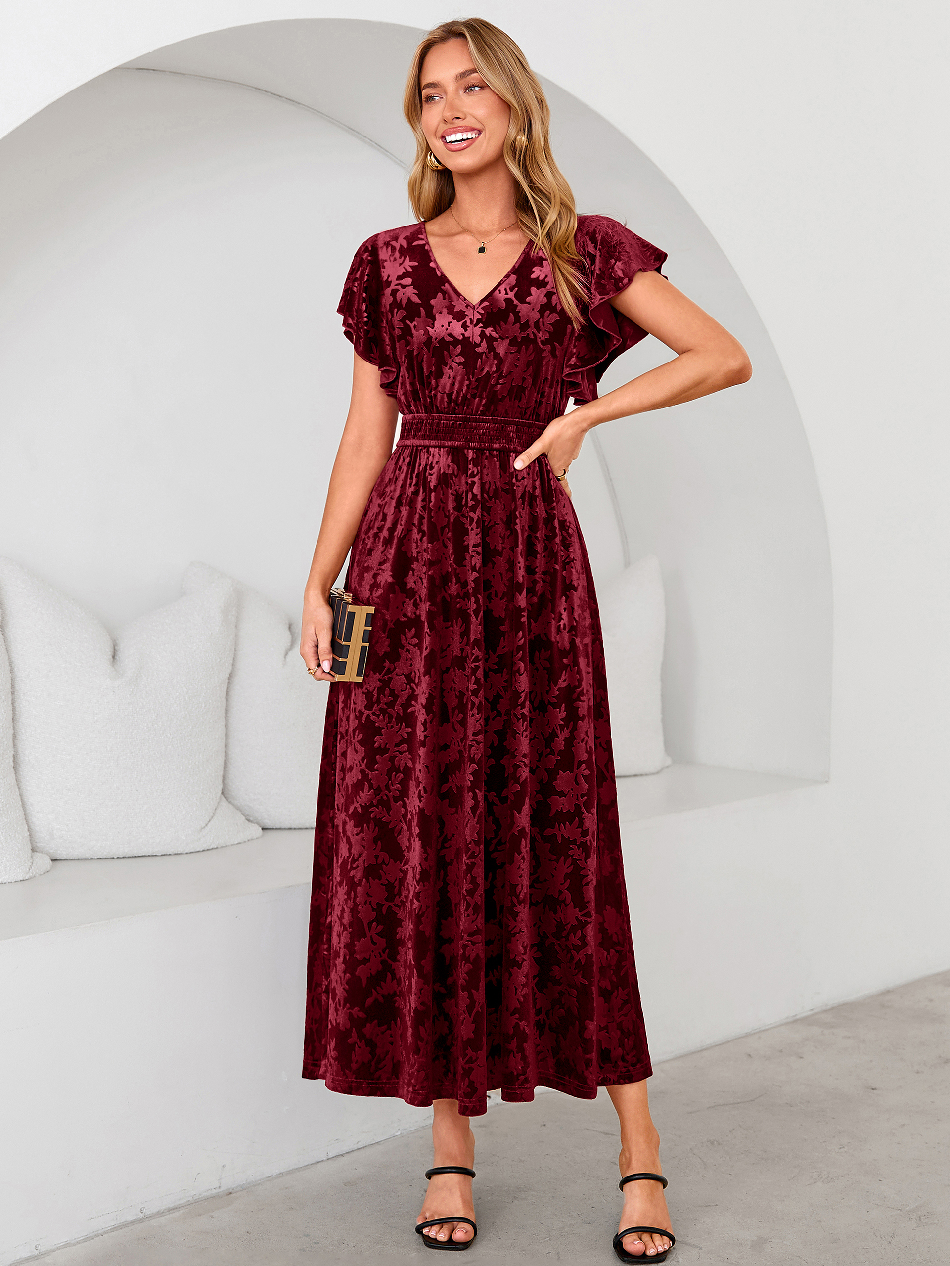 V-Neck Flutter Sleeve Burnout Velvet Maxi Dress