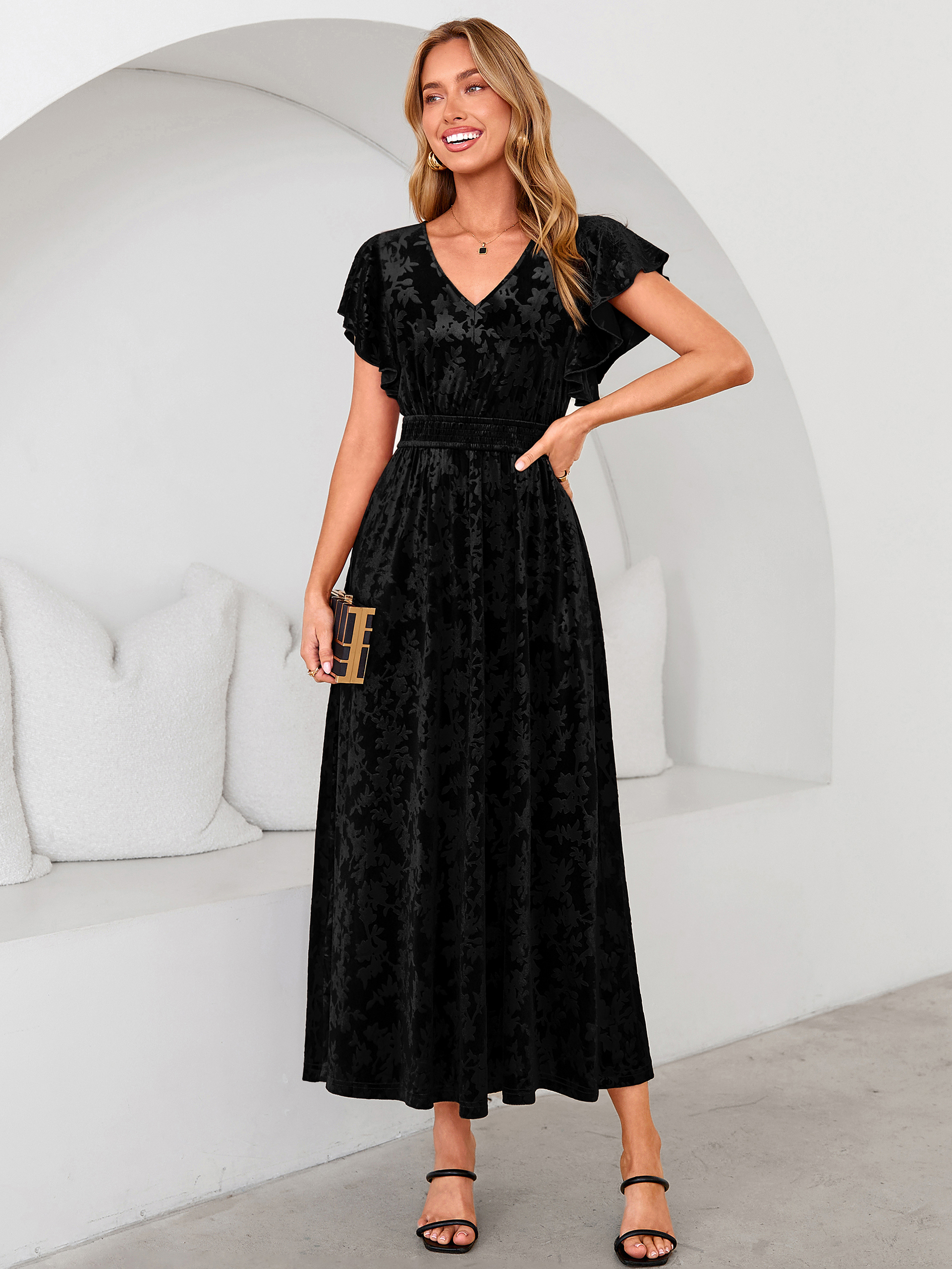 V-Neck Flutter Sleeve Burnout Velvet Maxi Dress