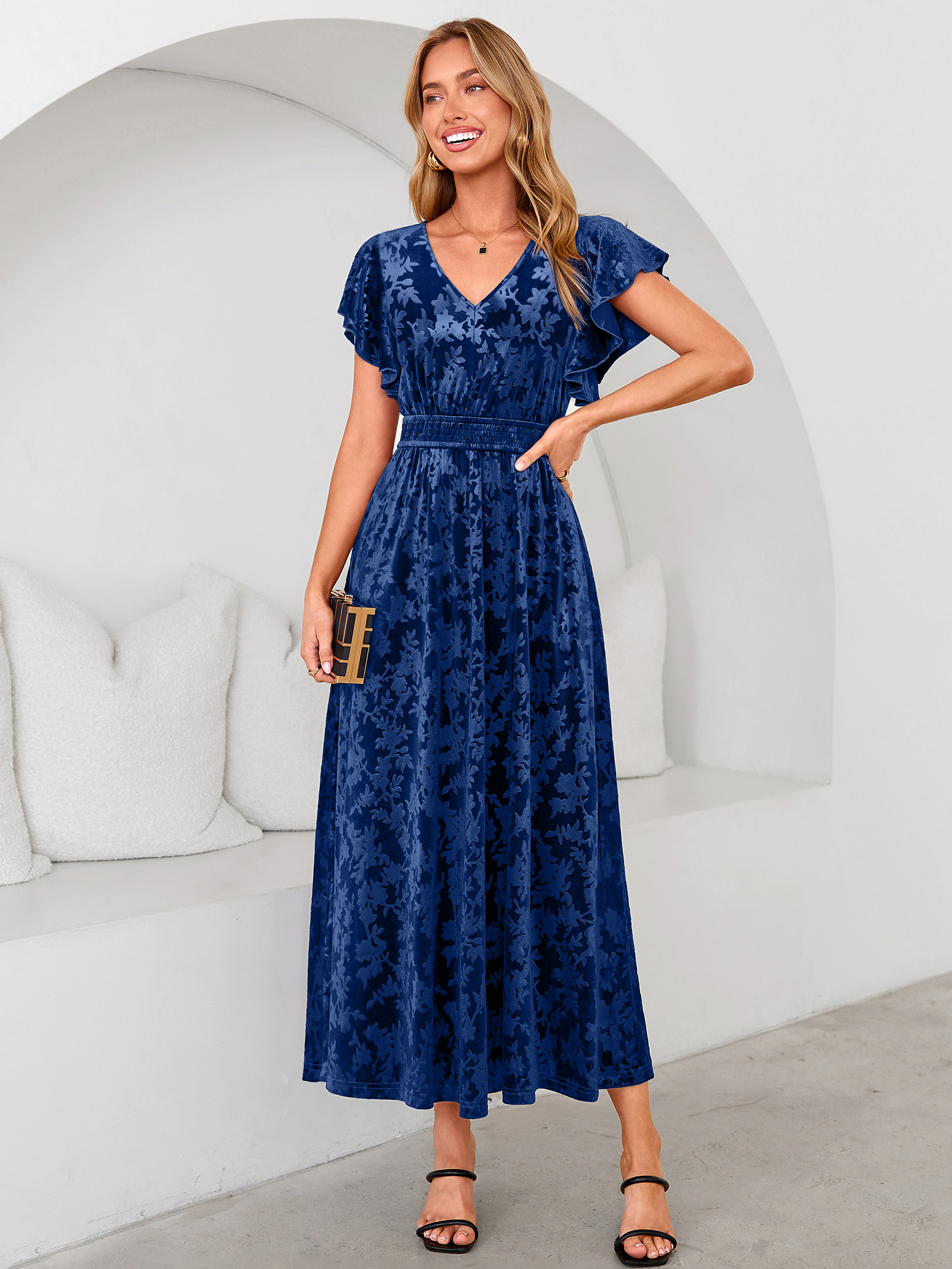 V-Neck Flutter Sleeve Burnout Velvet Maxi Dress