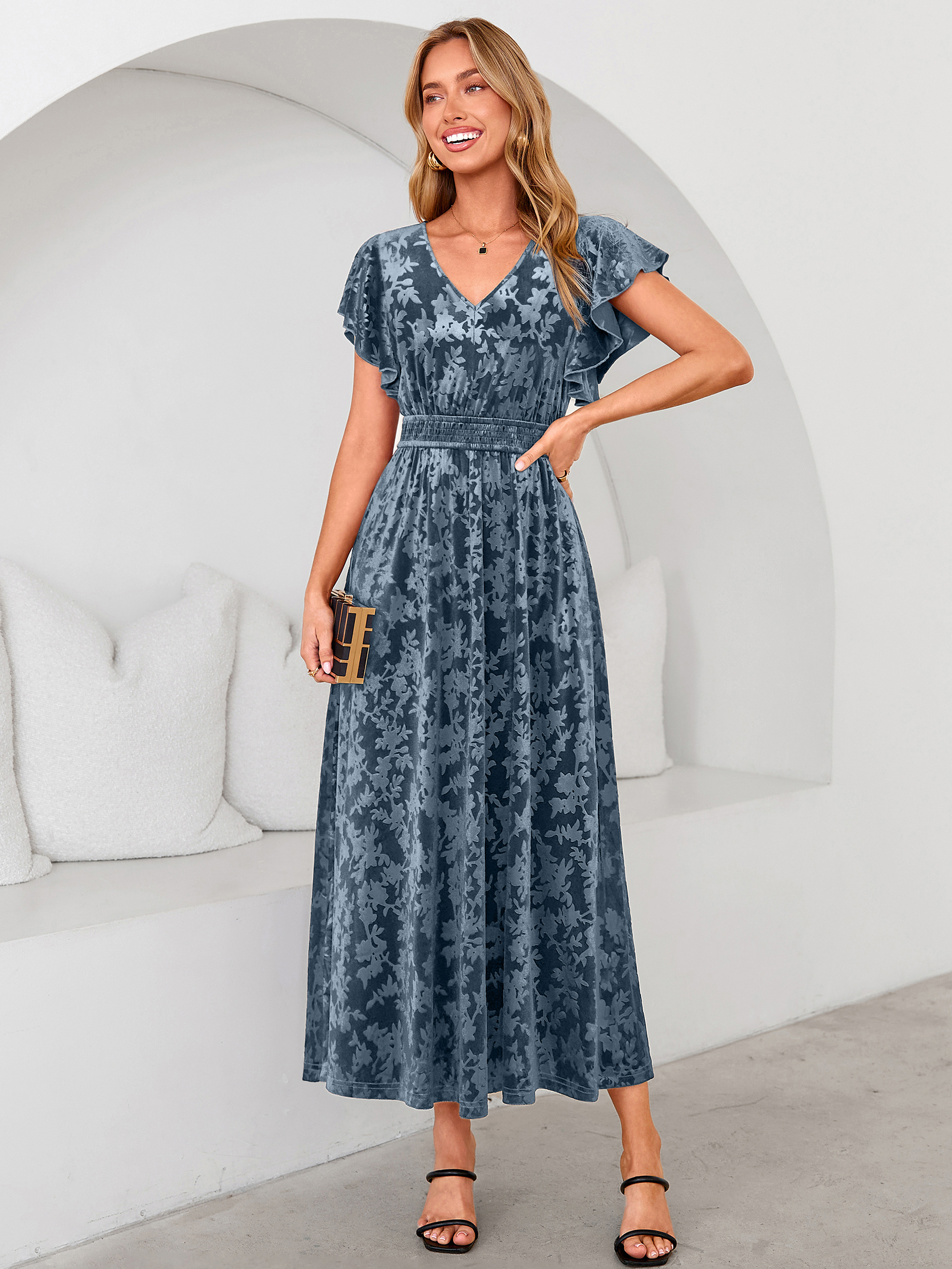 V-Neck Flutter Sleeve Burnout Velvet Maxi Dress