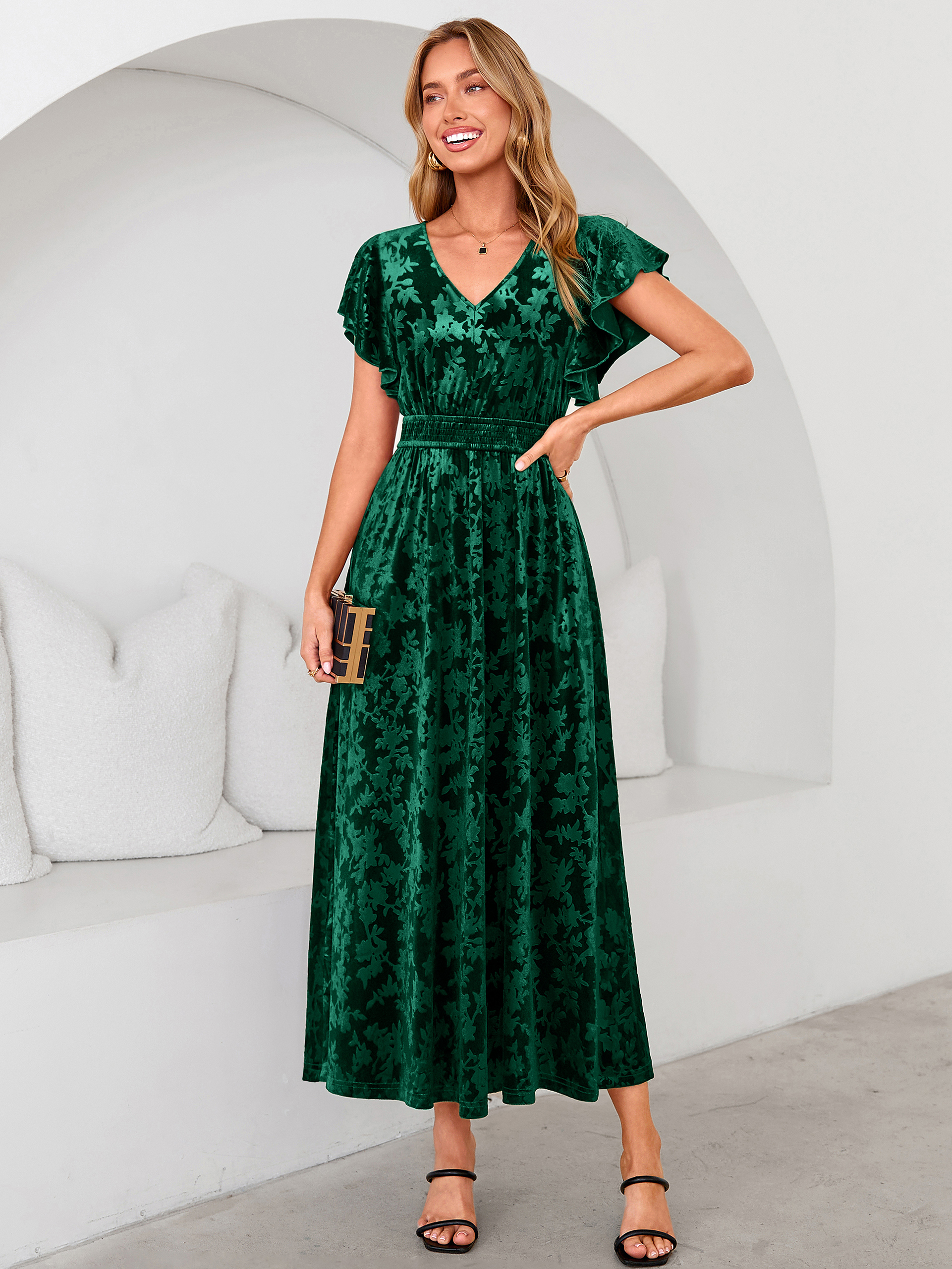 V-Neck Flutter Sleeve Burnout Velvet Maxi Dress