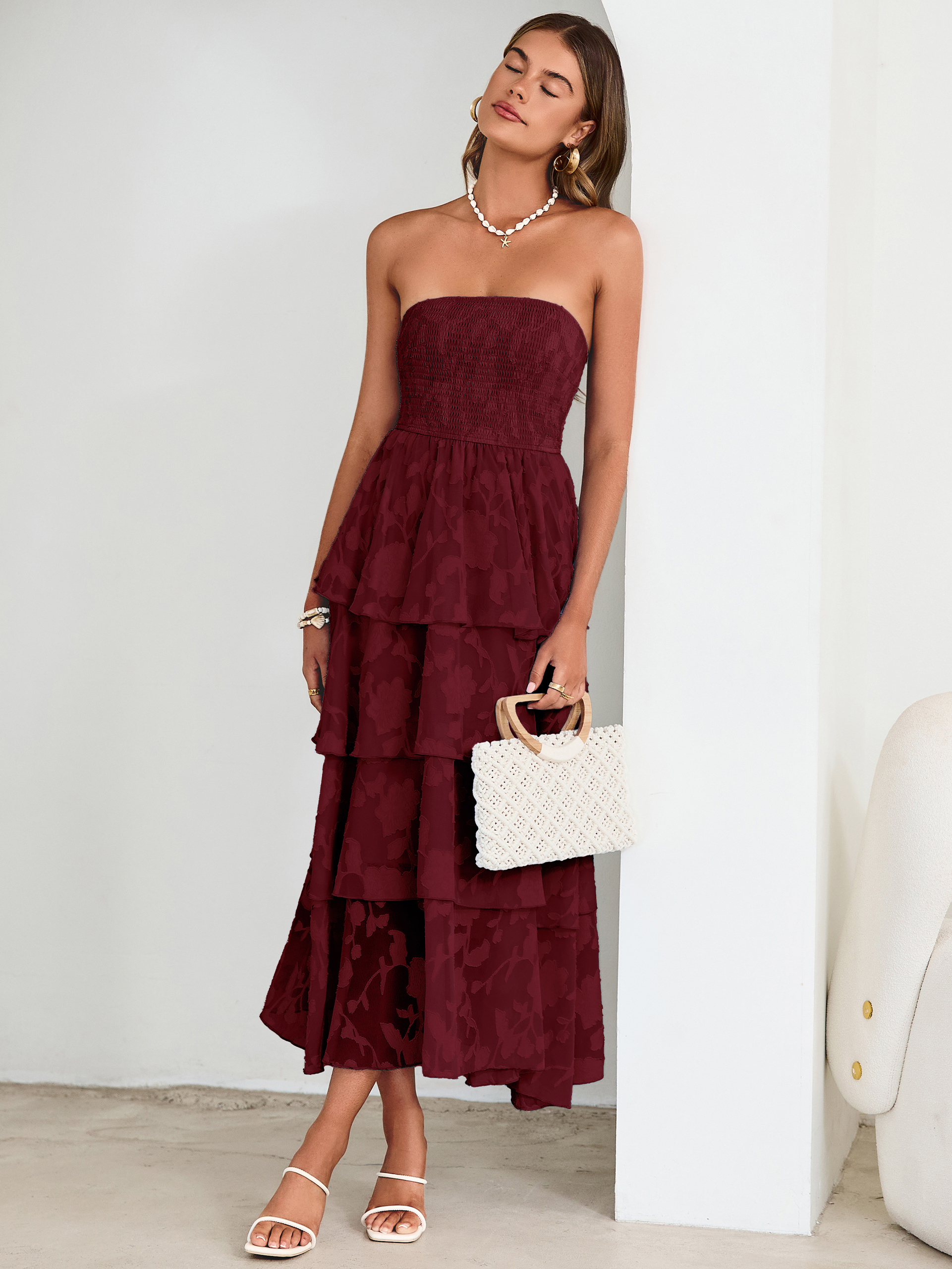 Floral Strapless Smocked Tiered Maxi Dress