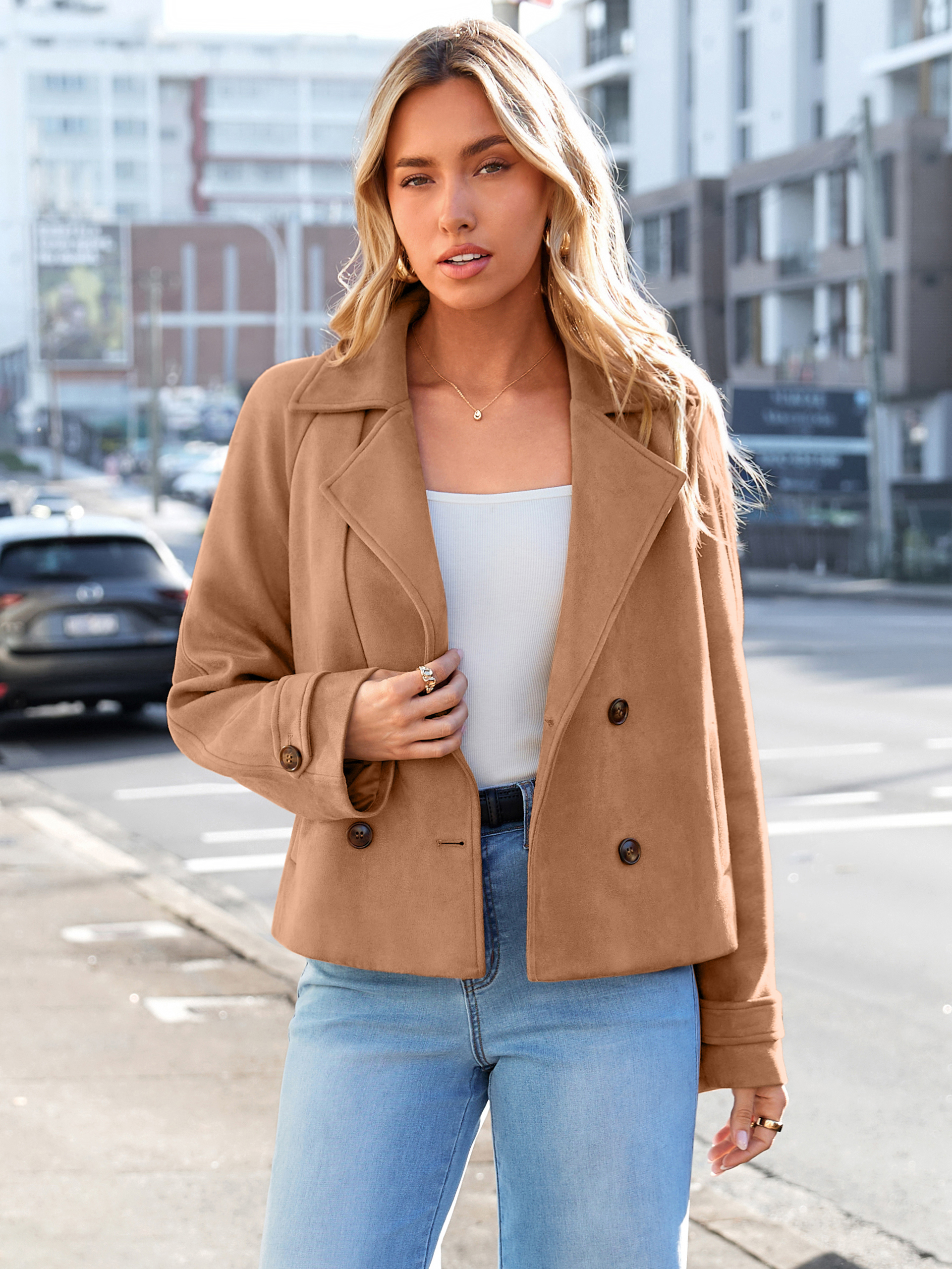 Faux Suede Notch Collar Double Breasted Jacket
