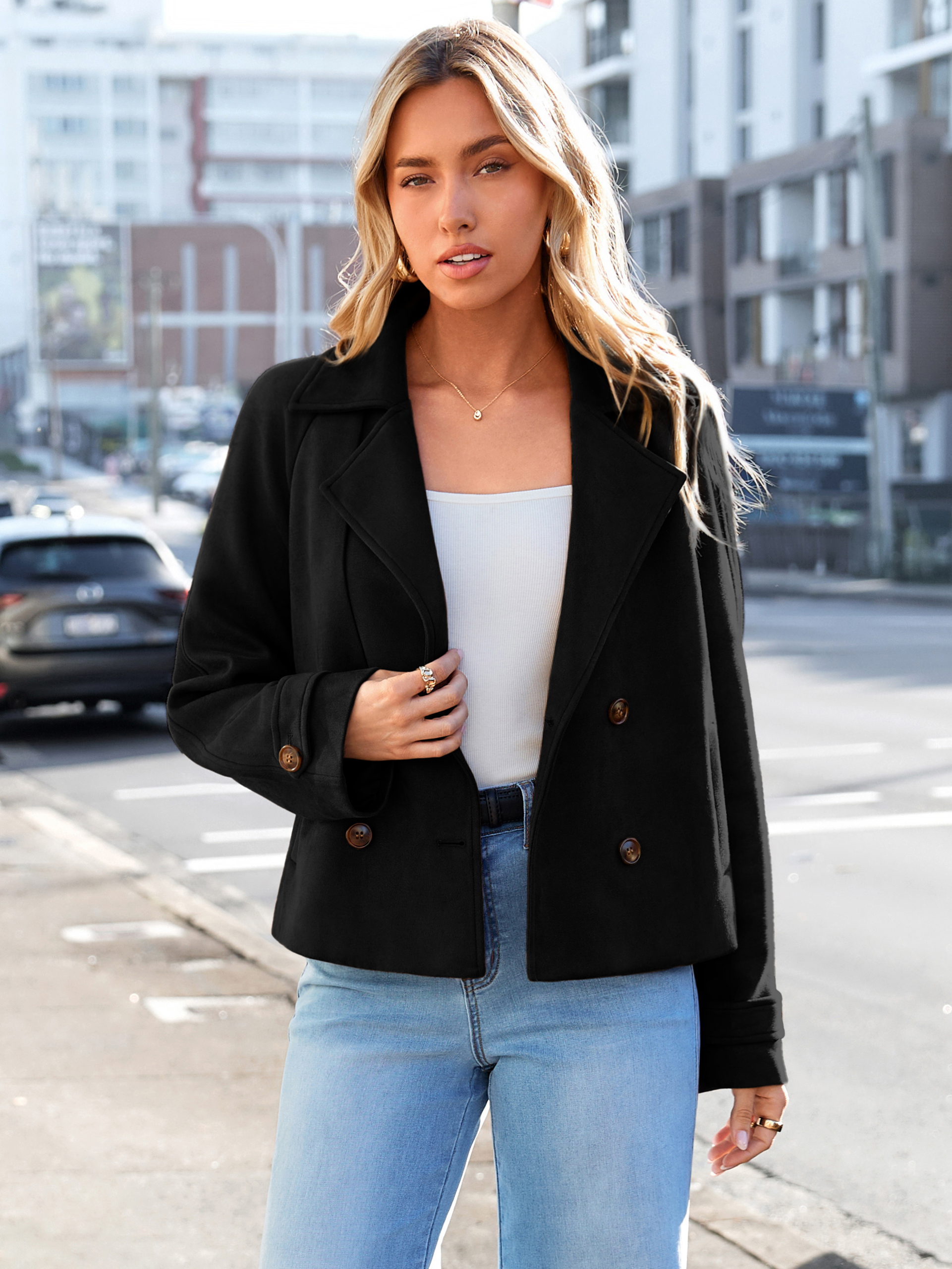 Faux Suede Notch Collar Double Breasted Jacket