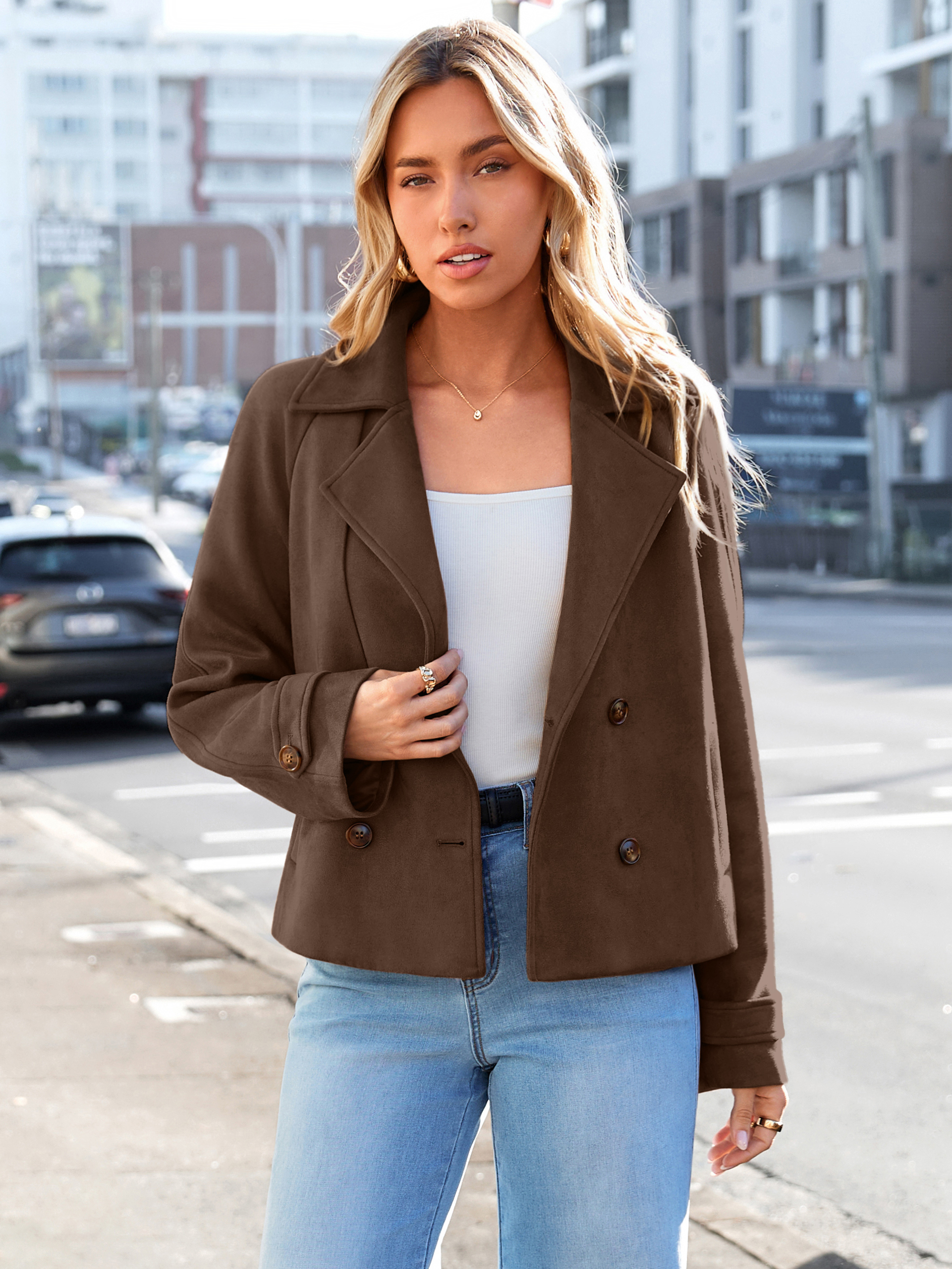 Faux Suede Notch Collar Double Breasted Jacket