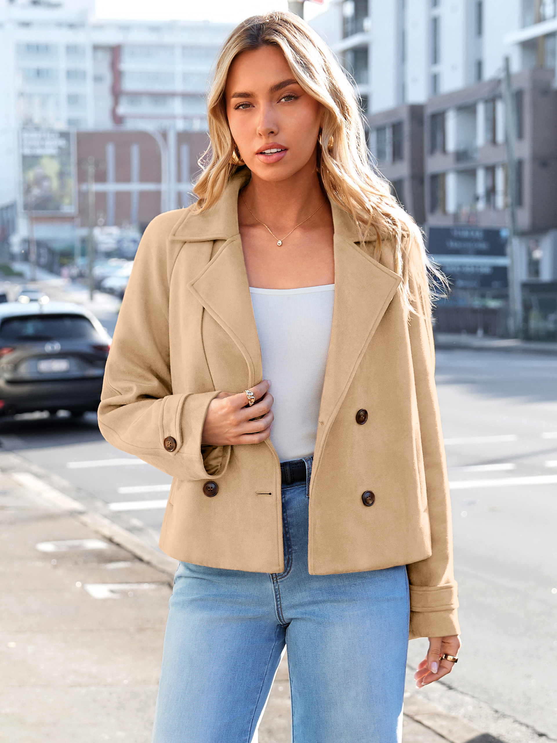 Faux Suede Notch Collar Double Breasted Jacket