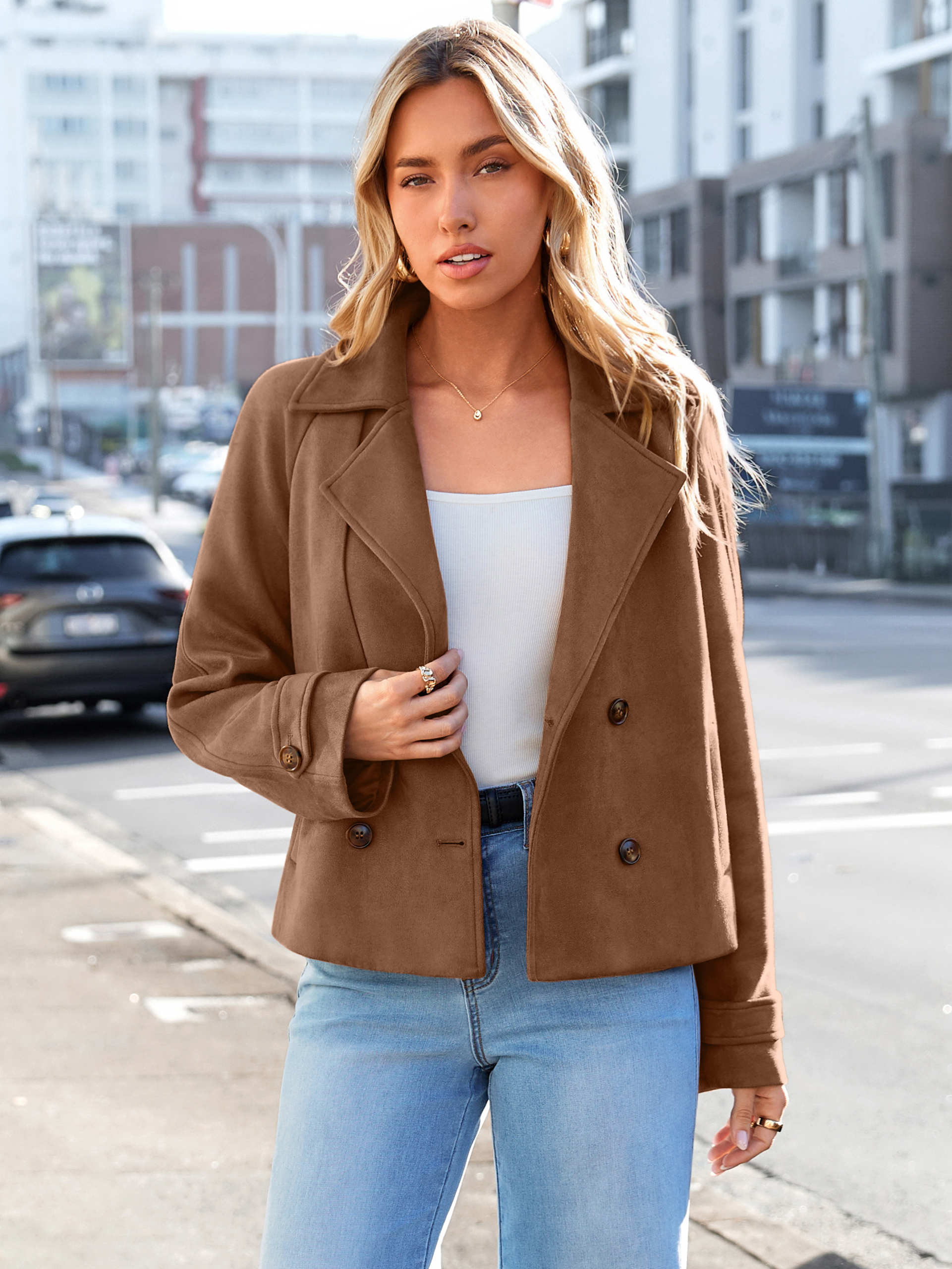 Faux Suede Notch Collar Double Breasted Jacket