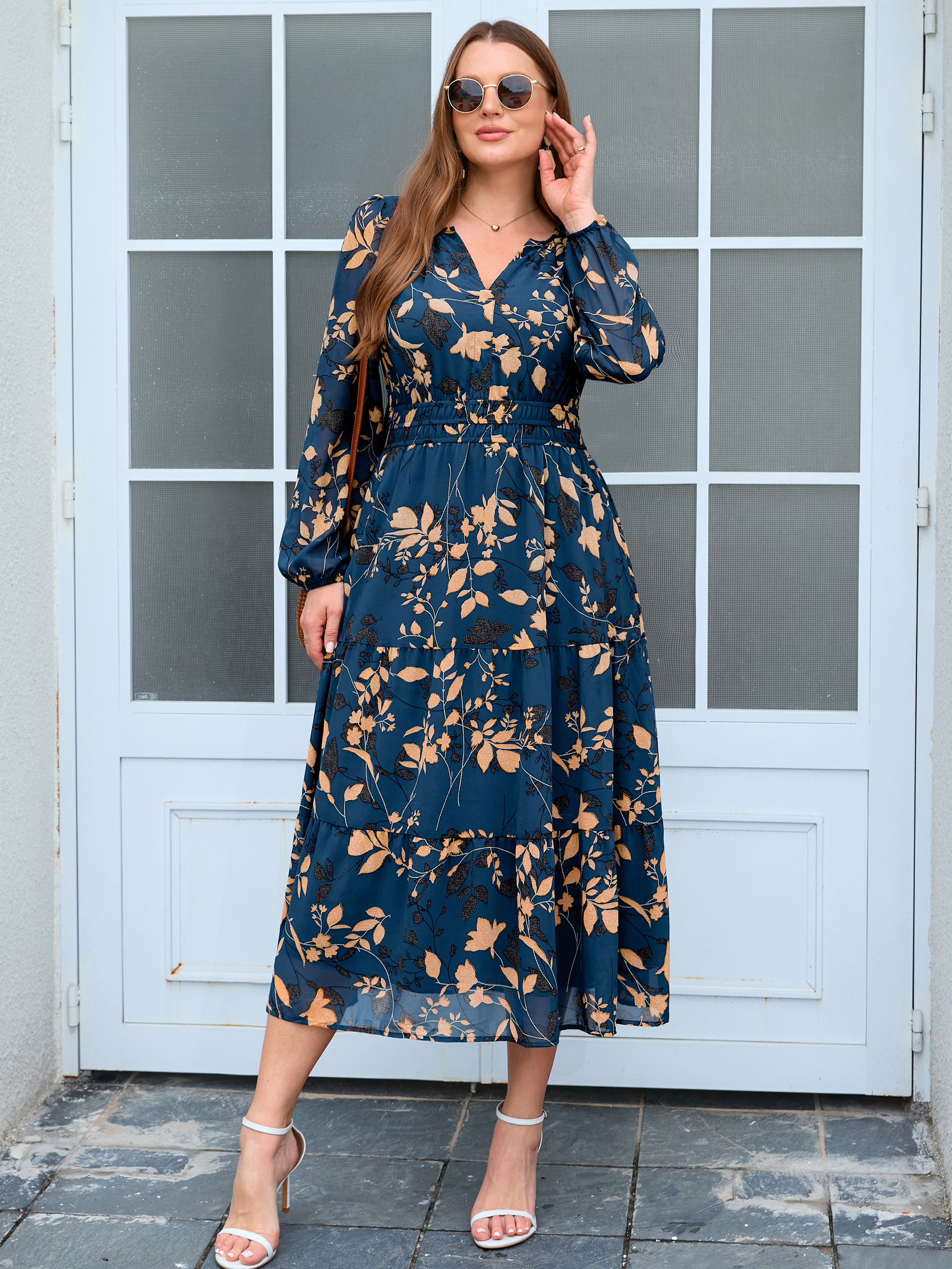 Plus Size V-Neck Long Sleeve Floral Chiffon Maxi Dress