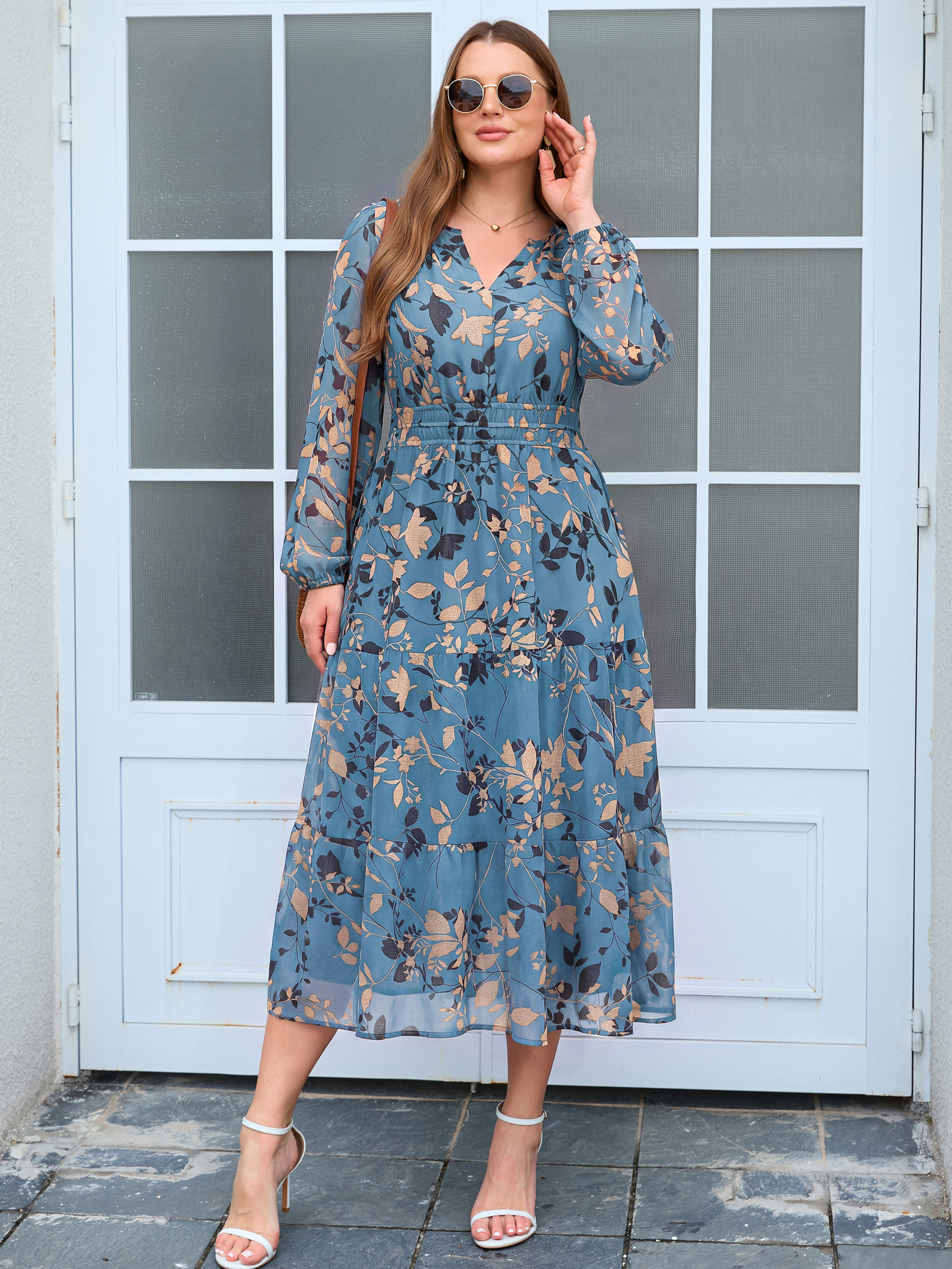 Plus Size V-Neck Long Sleeve Floral Chiffon Maxi Dress