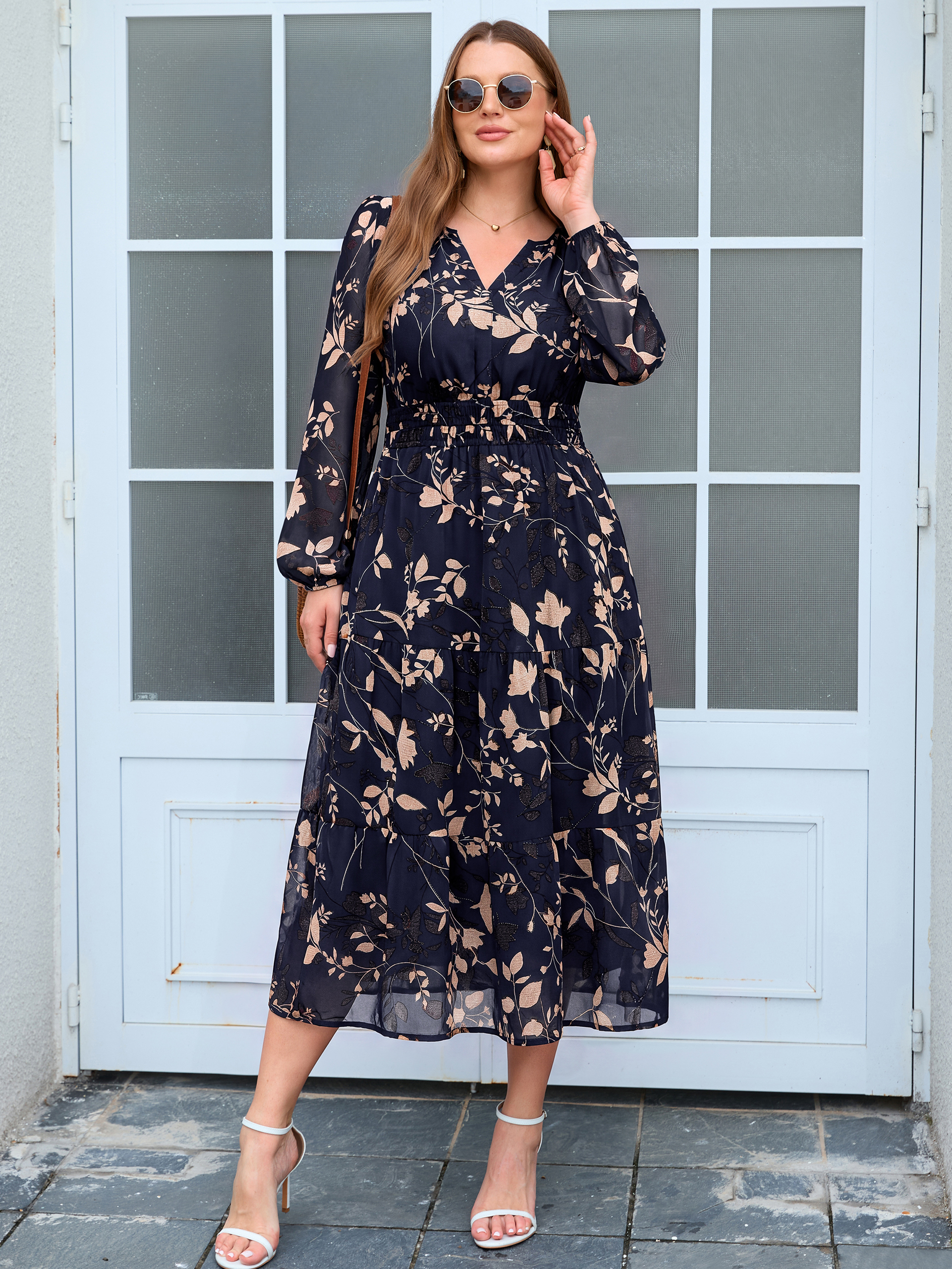 Plus Size V-Neck Long Sleeve Floral Chiffon Maxi Dress