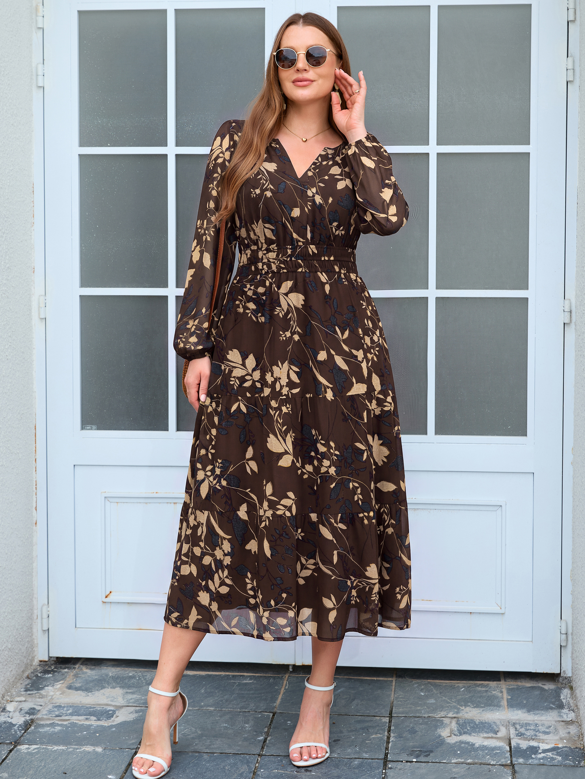 Plus Size V-Neck Long Sleeve Floral Chiffon Maxi Dress