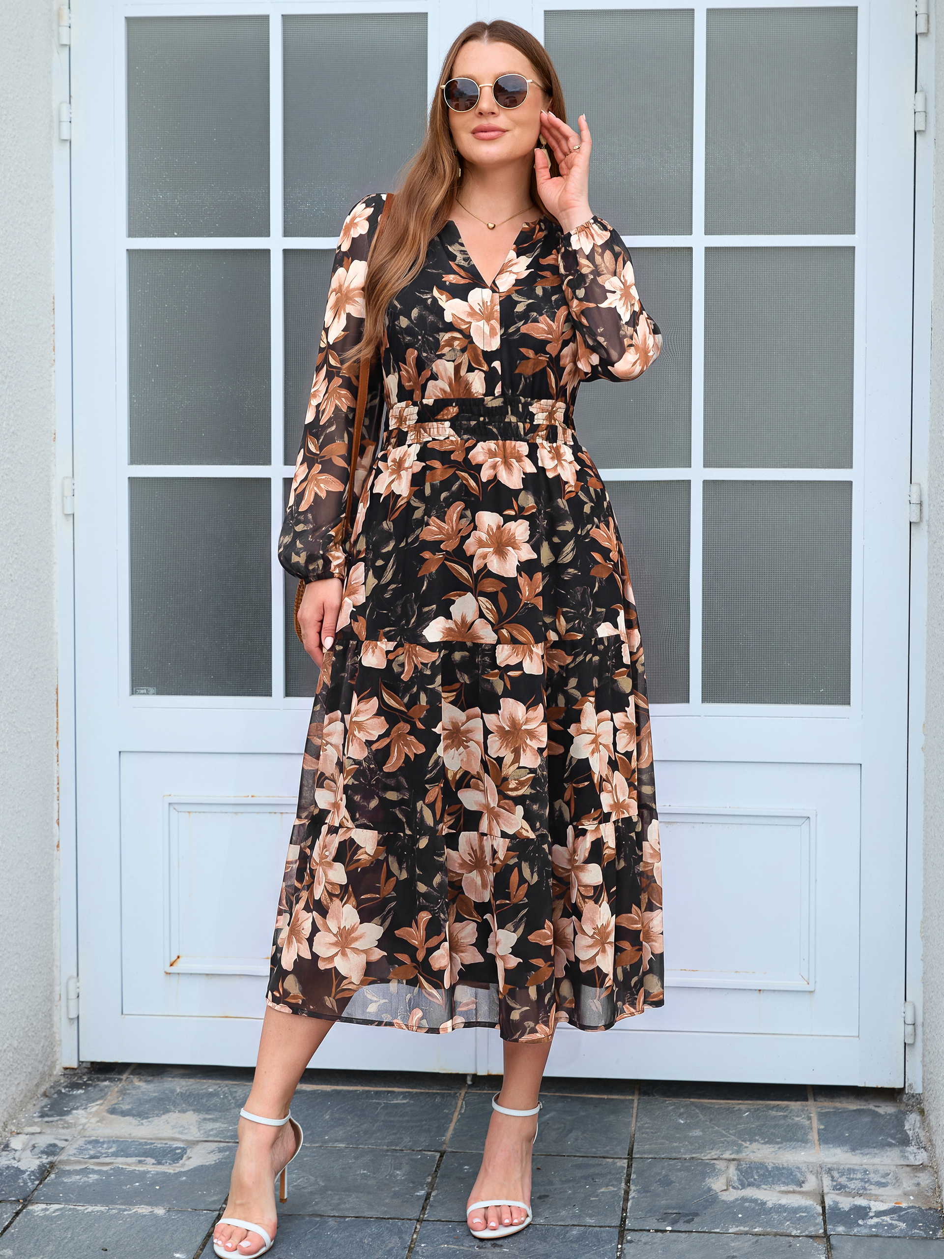 Plus Size V-Neck Long Sleeve Floral Chiffon Maxi Dress