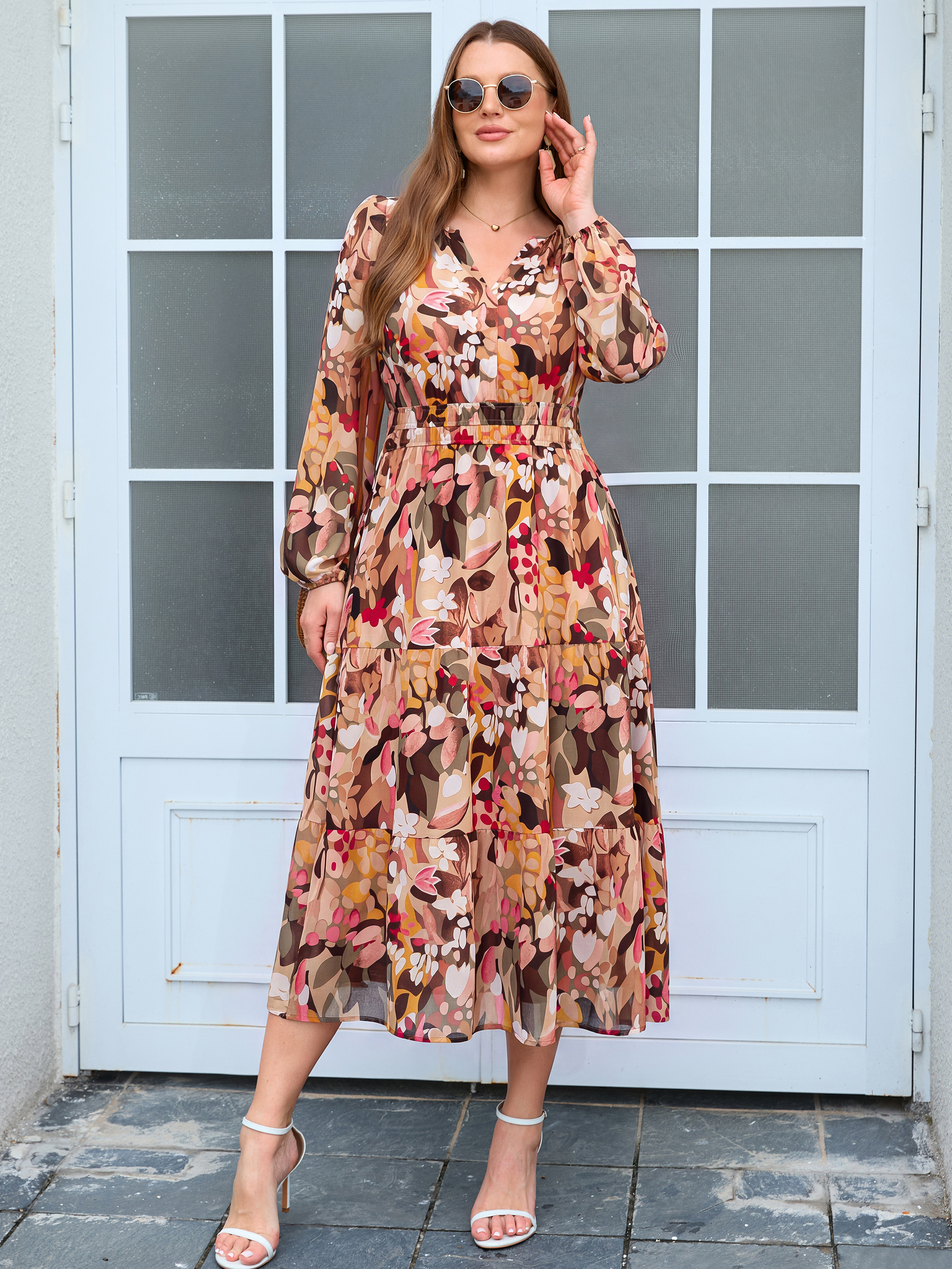 Plus Size V-Neck Long Sleeve Floral Chiffon Maxi Dress