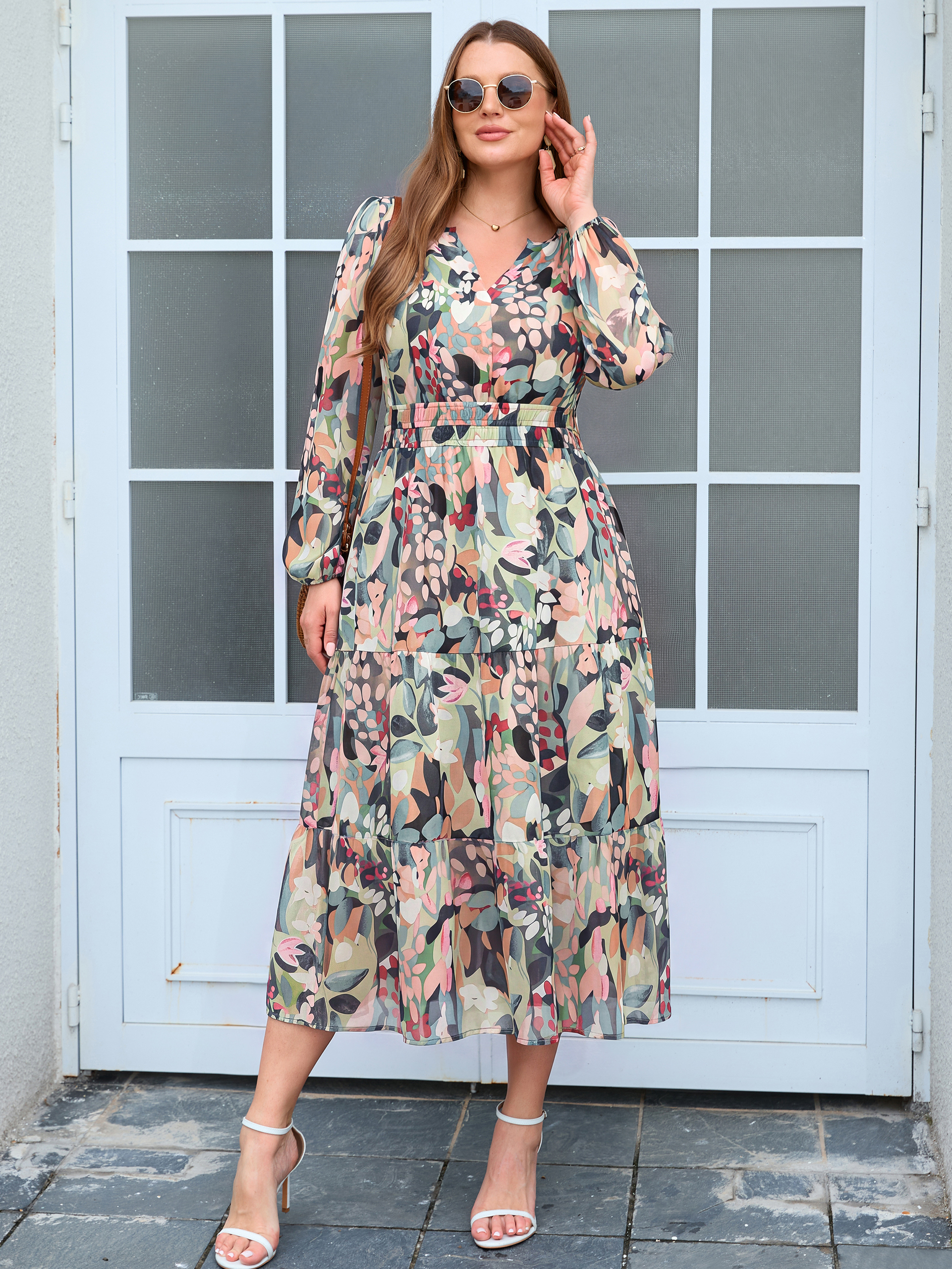 Plus Size V-Neck Long Sleeve Floral Chiffon Maxi Dress