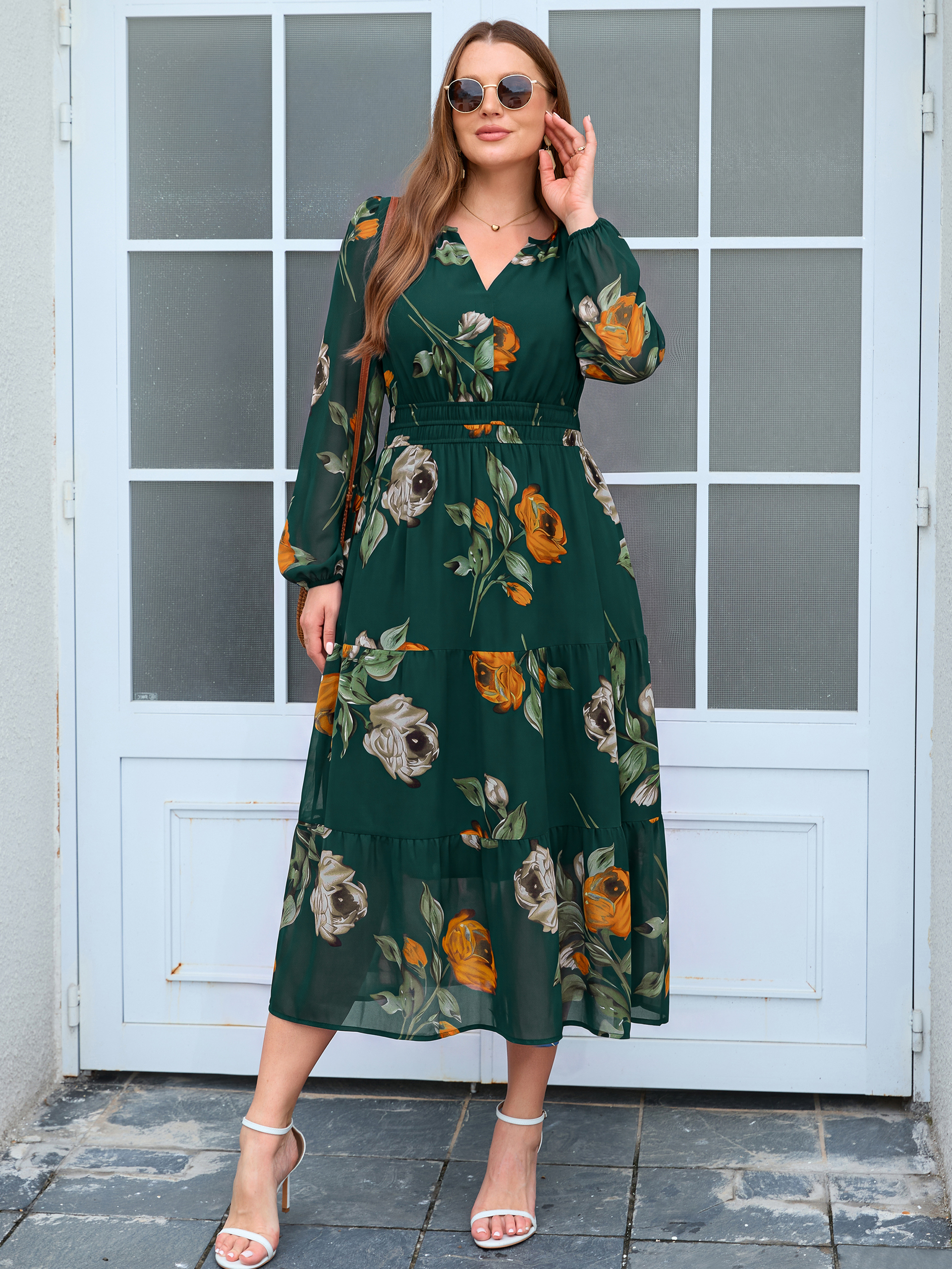 Plus Size V-Neck Long Sleeve Floral Chiffon Maxi Dress