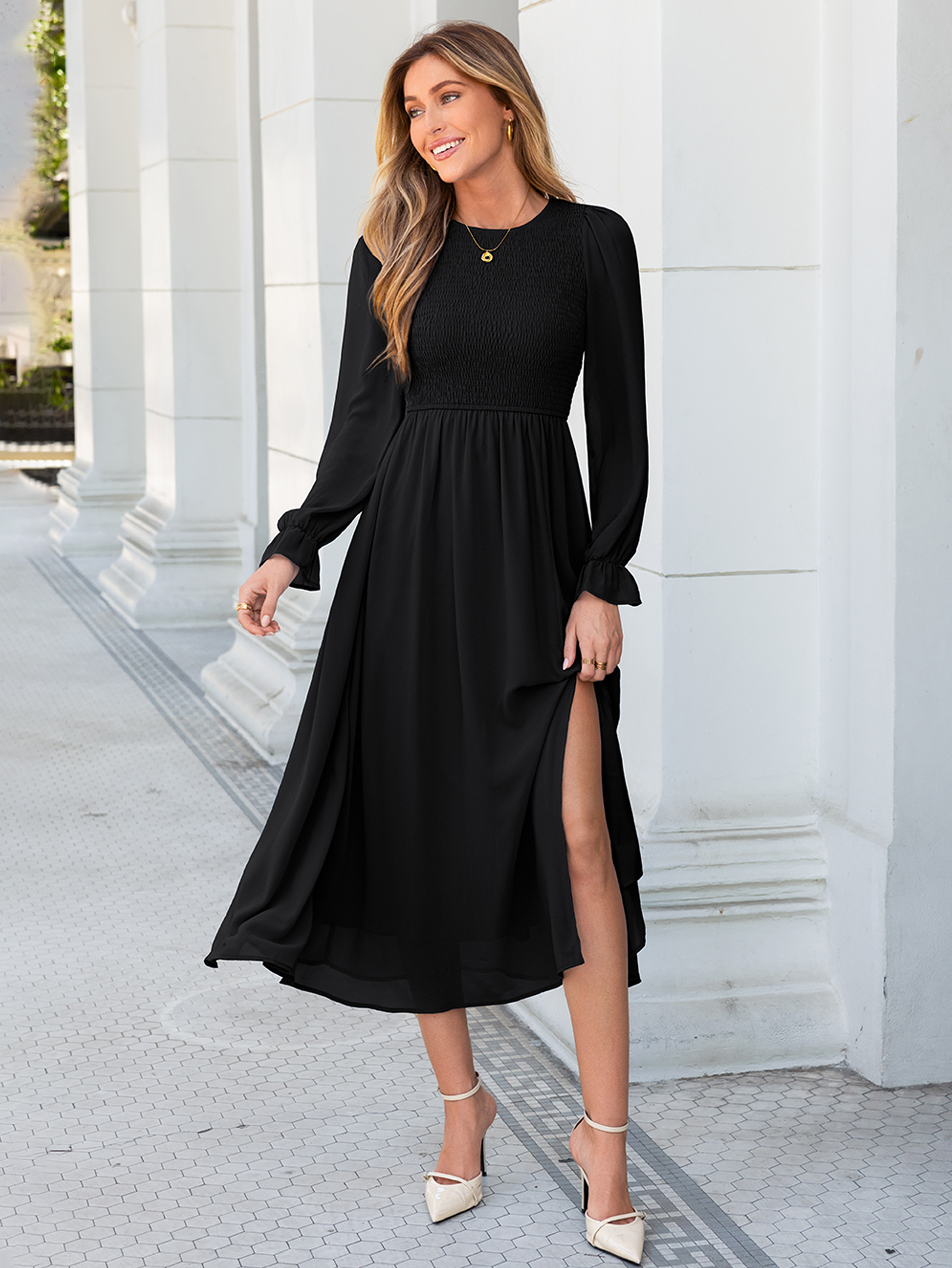 Smocked Bodice Crew Neck Long Sleeve Chiffon Maxi Dress - Black