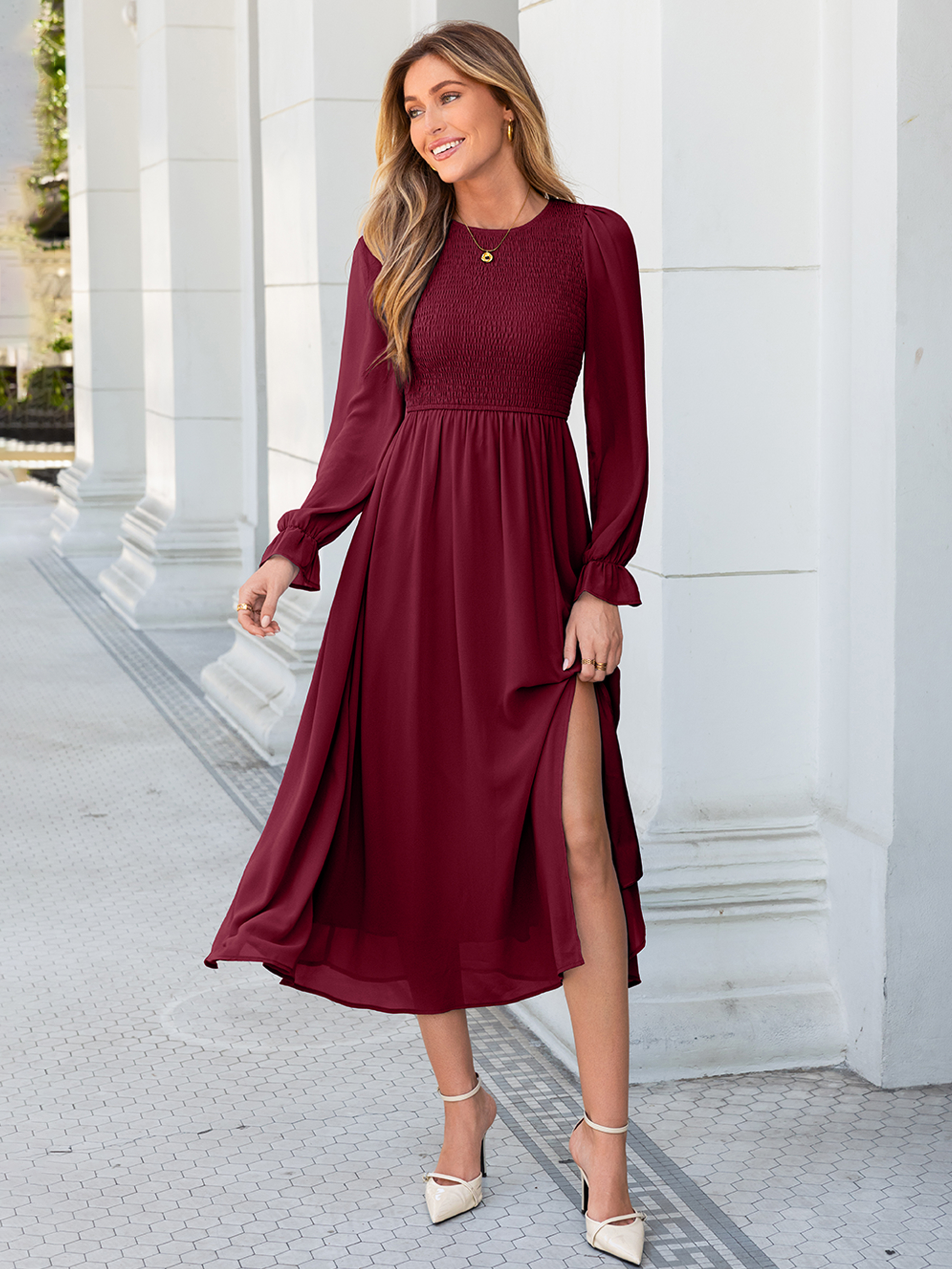 Smocked Bodice Crew Neck Long Sleeve Chiffon Maxi Dress - Wine Red