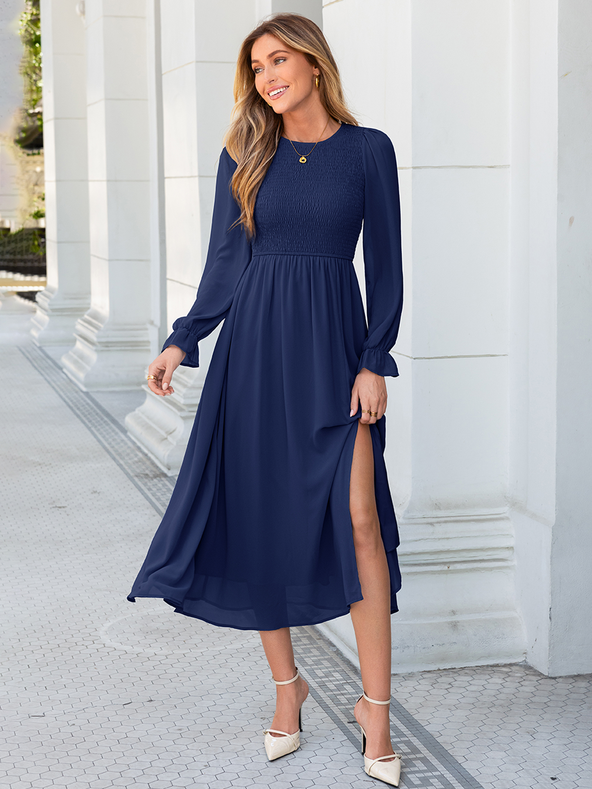 Smocked Bodice Crew Neck Long Sleeve Chiffon Maxi Dress - Navy Blue