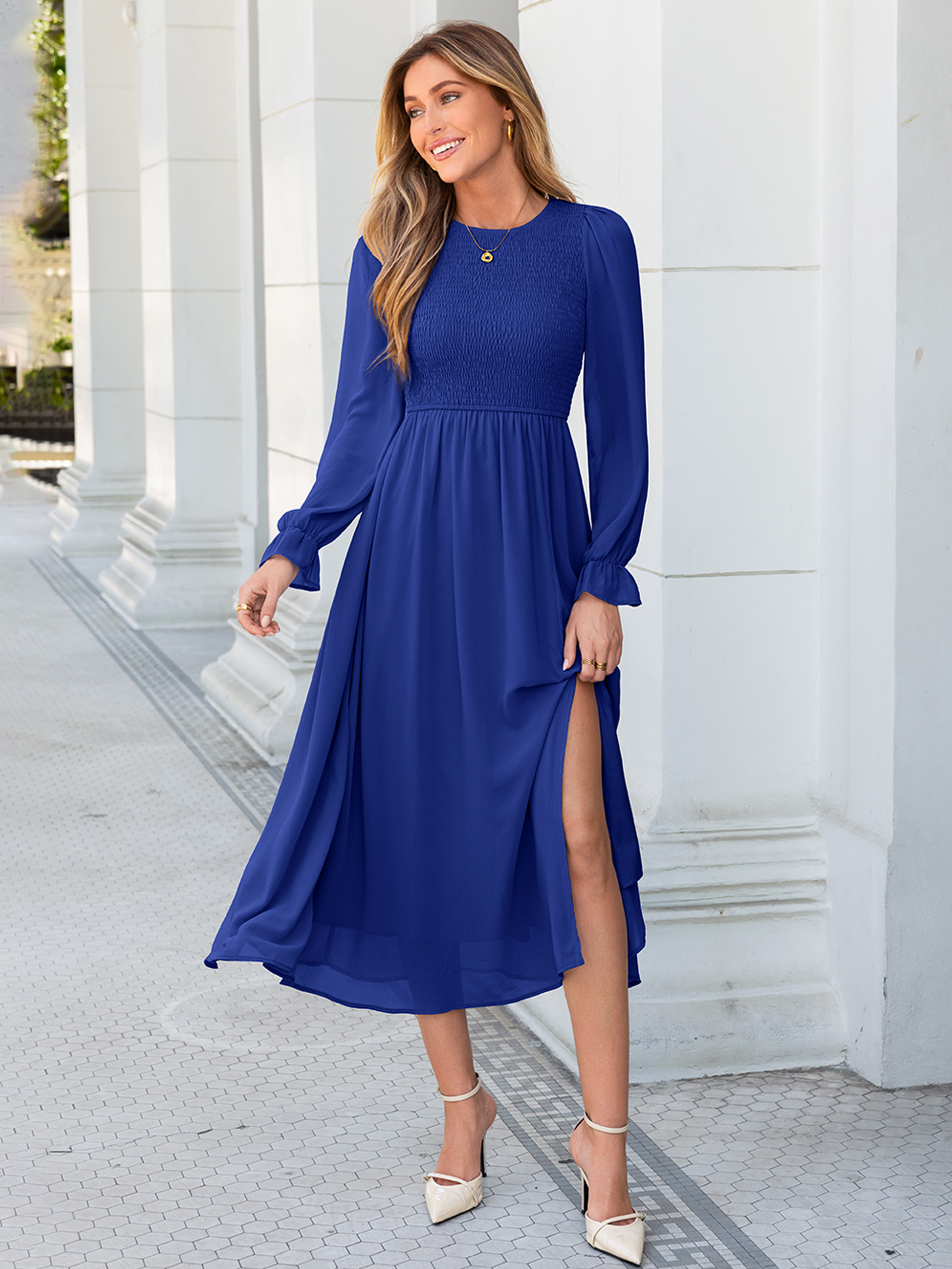 Smocked Bodice Crew Neck Long Sleeve Chiffon Maxi Dress - Dark Blue