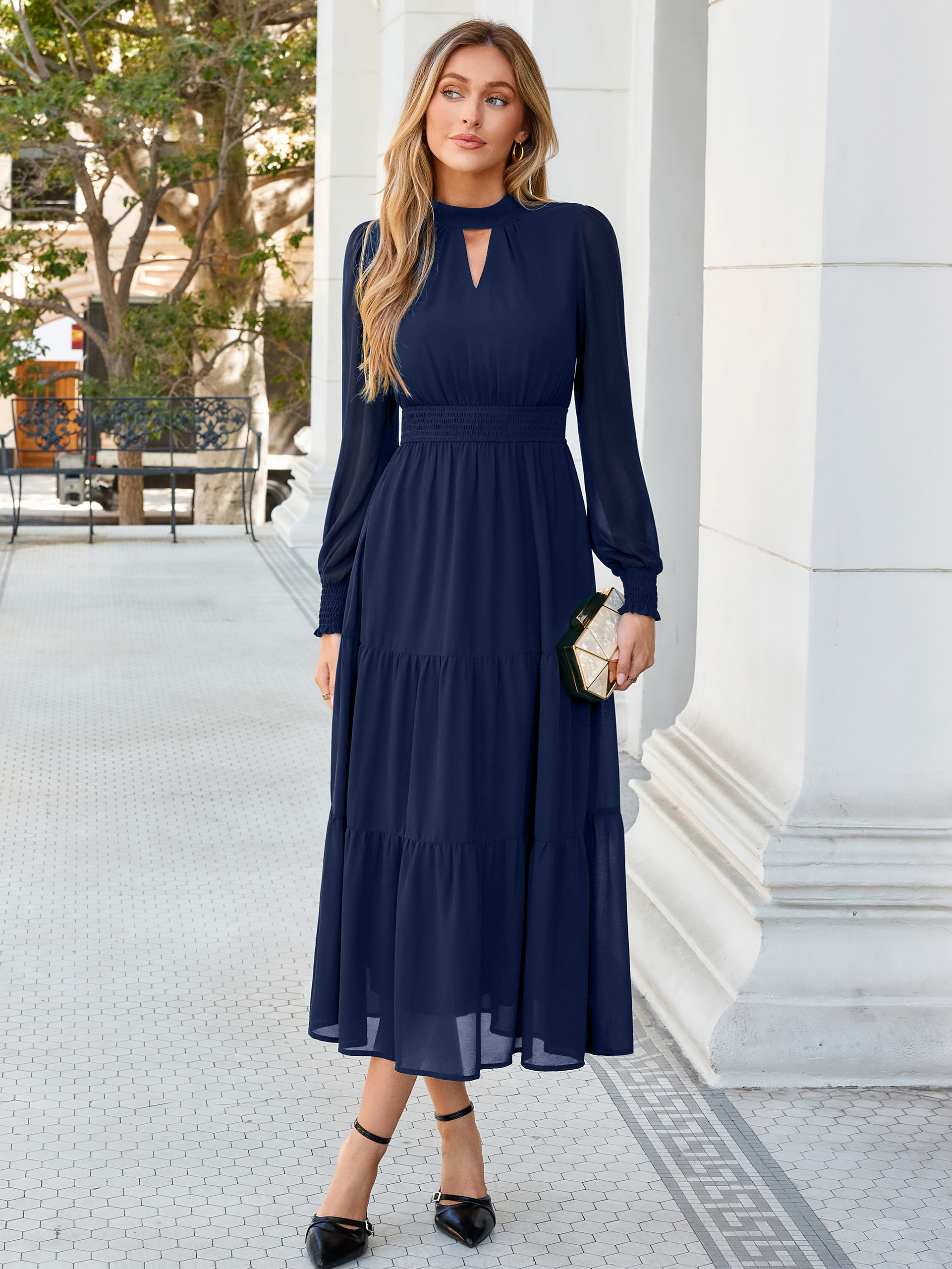 Mock Neck Keyhole Smocked Waist Chiffon Maxi Dress