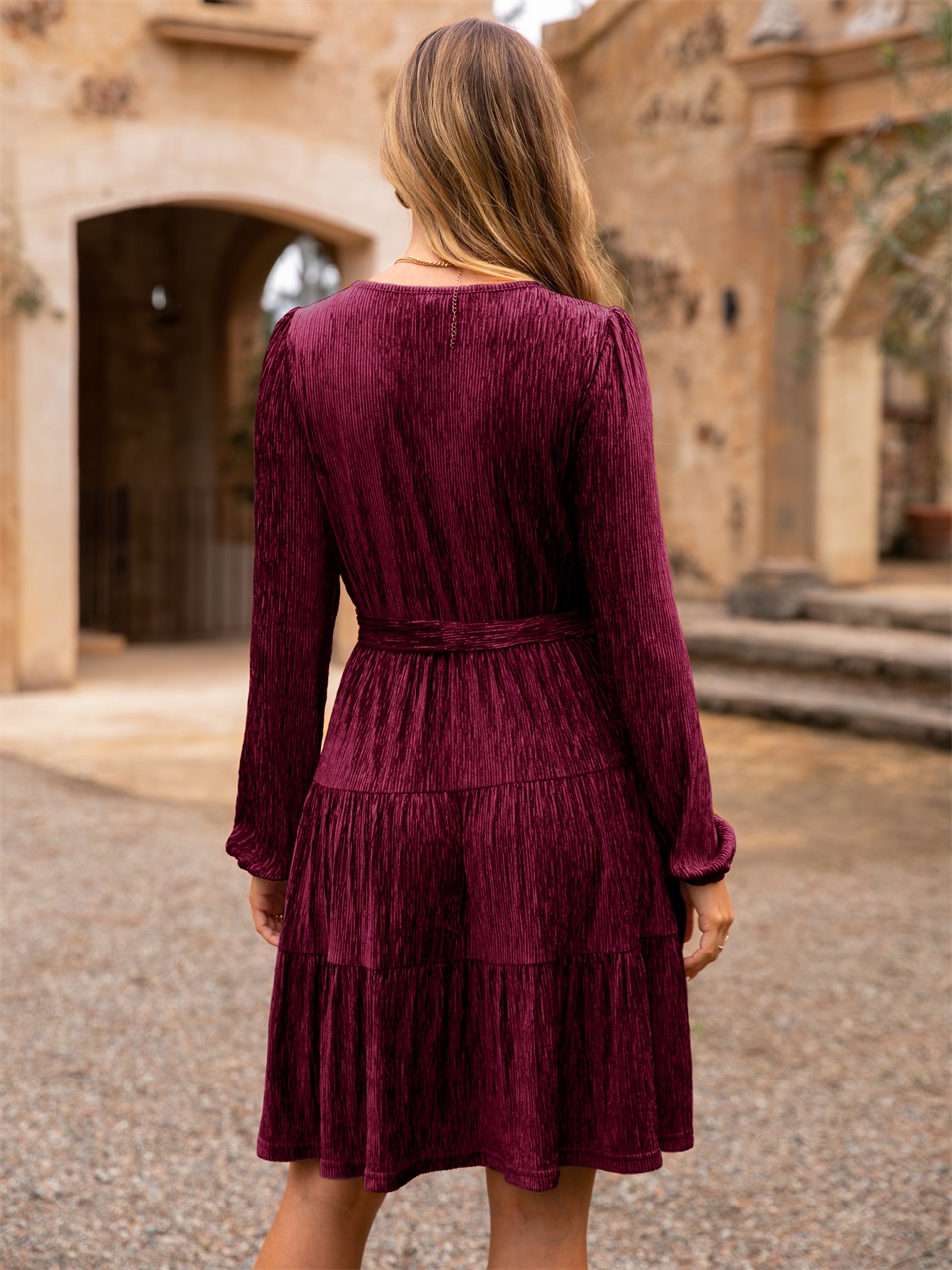 Velvet Long Sleeve V Neck Flowy Mini cocktail Dress