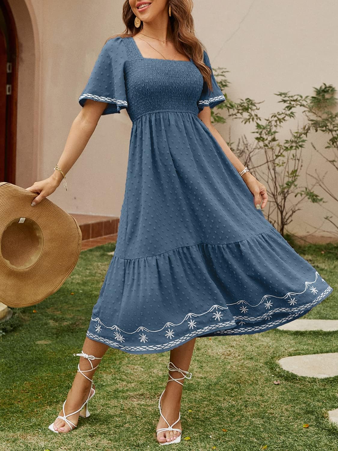 Square Neck Smocked Ruffle A Line Maxi Dress - Dark Blue
