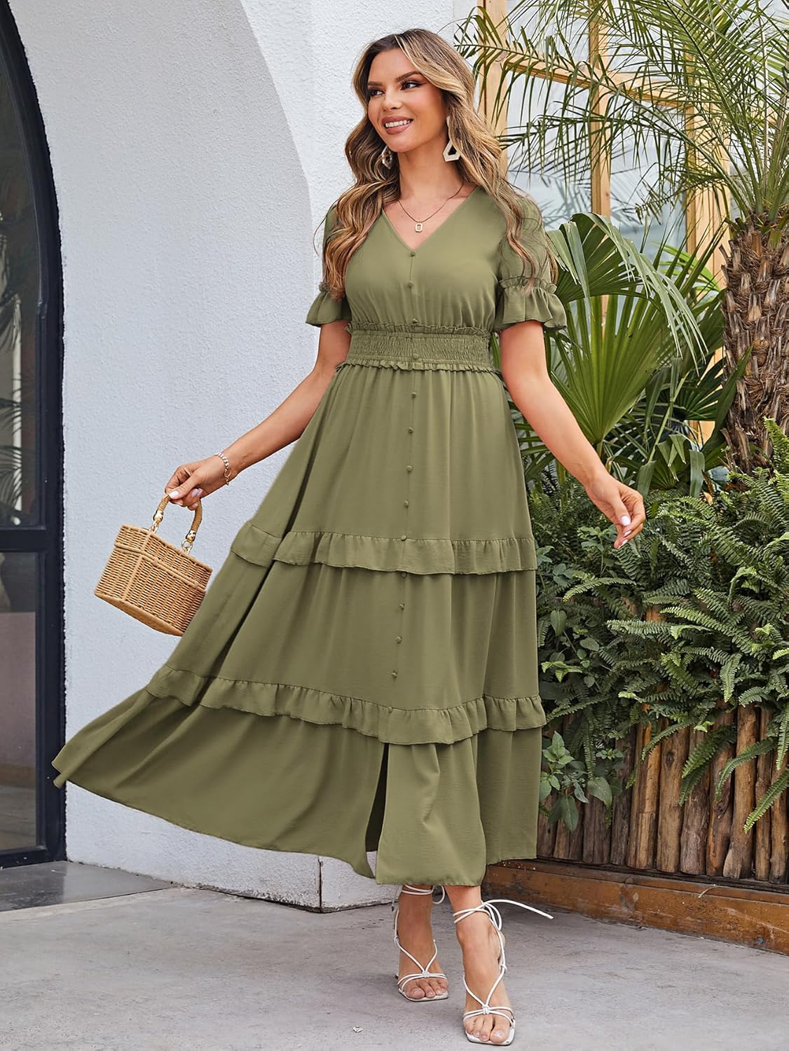 Short Sleeve Tiered Ruffle Smocked V-Neck Maxi Dress - Army Green