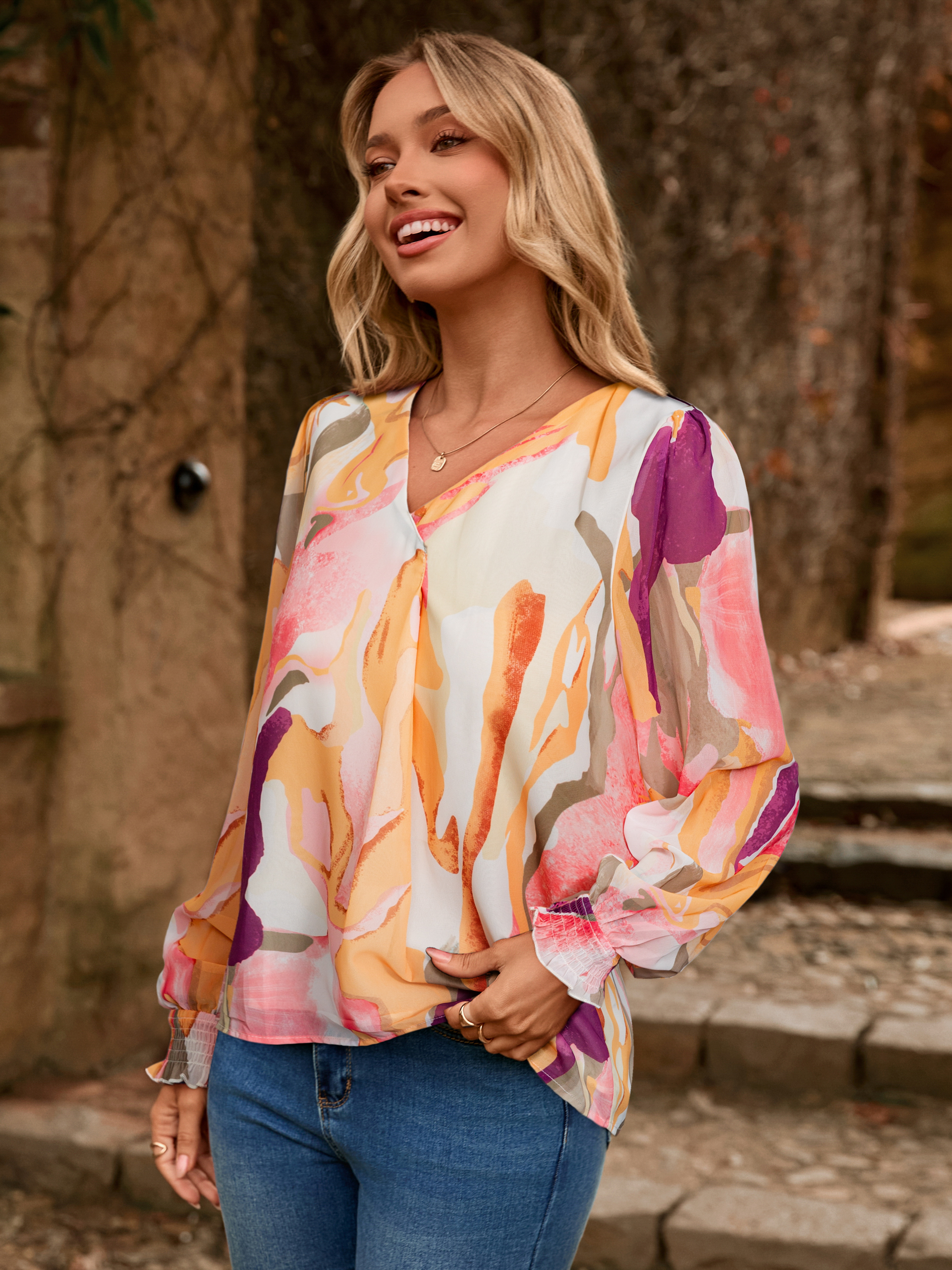 Floral V Neck Long Sleeve Blouse
