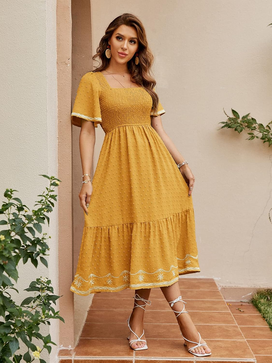 Square Neck Smocked Ruffle A Line Maxi Dress - Yellow