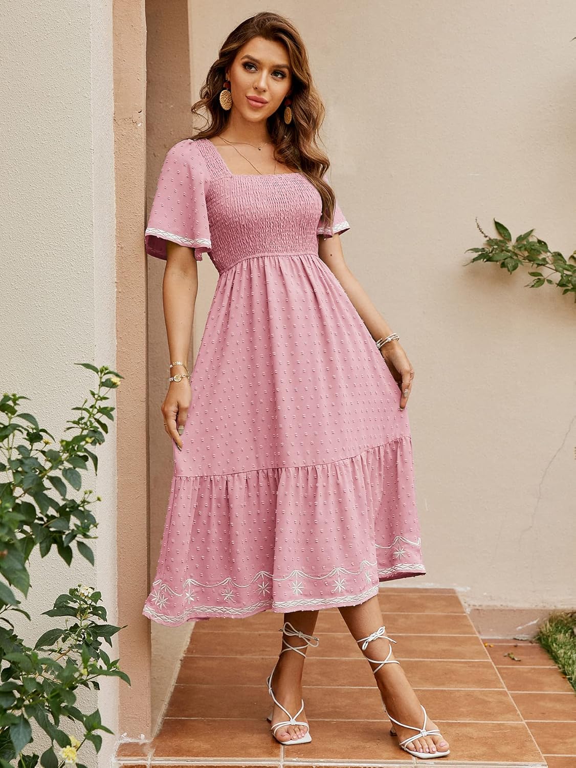 Square Neck Smocked Ruffle A Line Maxi Dress - Pink