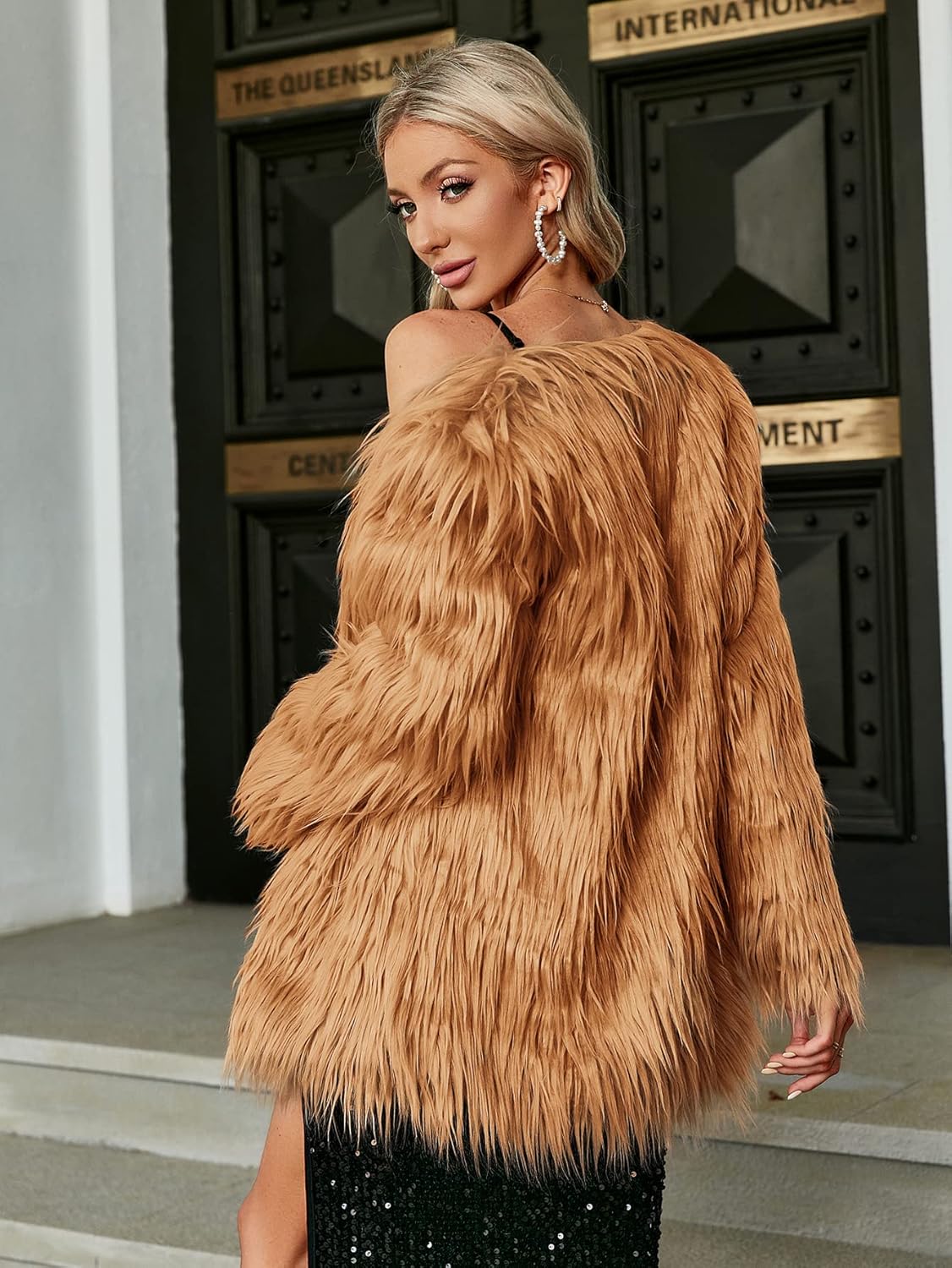Elegant Long Evening Party Overcoat Faux Fur Coat - Khaki