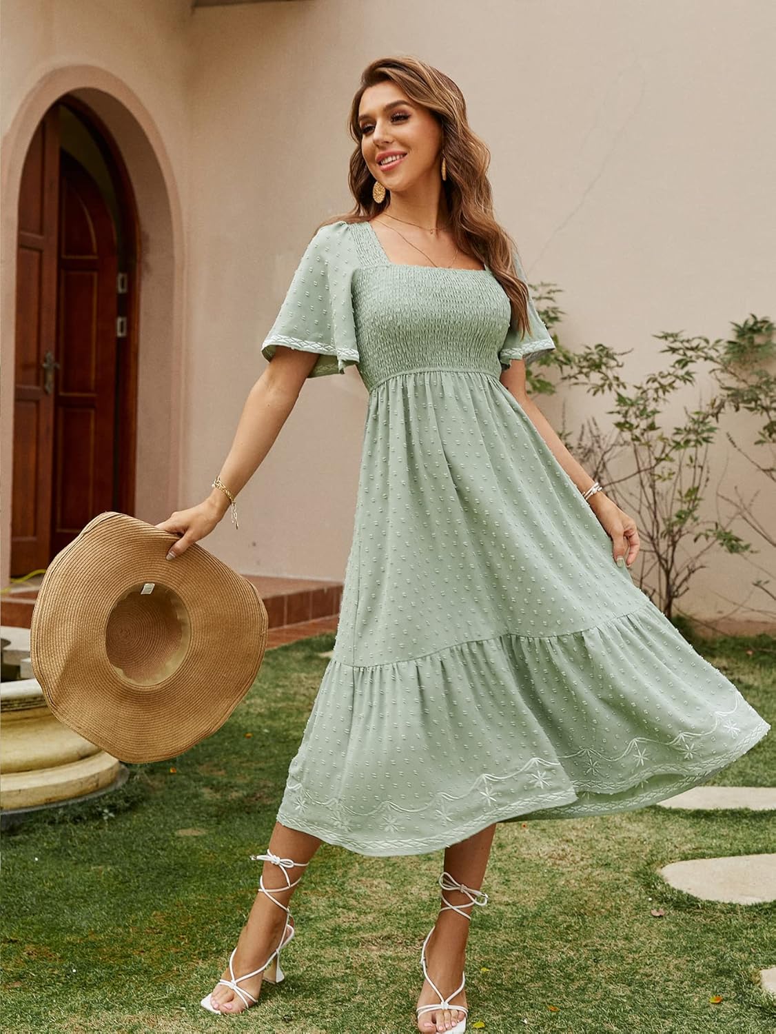 Square Neck Smocked Ruffle A Line Maxi Dress - Green