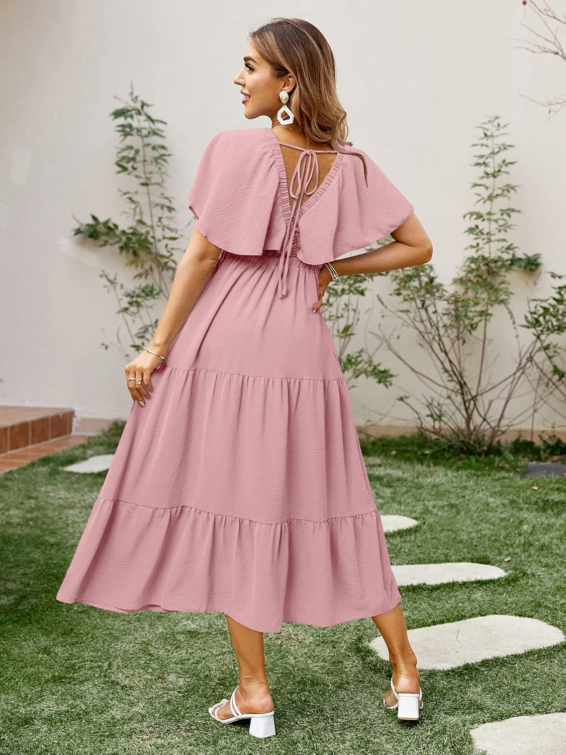 Solid Color Tiered V-Neck Ruffle Sleeve Maxi Dress - Pink