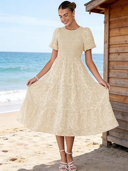 Puff Sleeve A Line Tiered Chiffon Maxi Dress