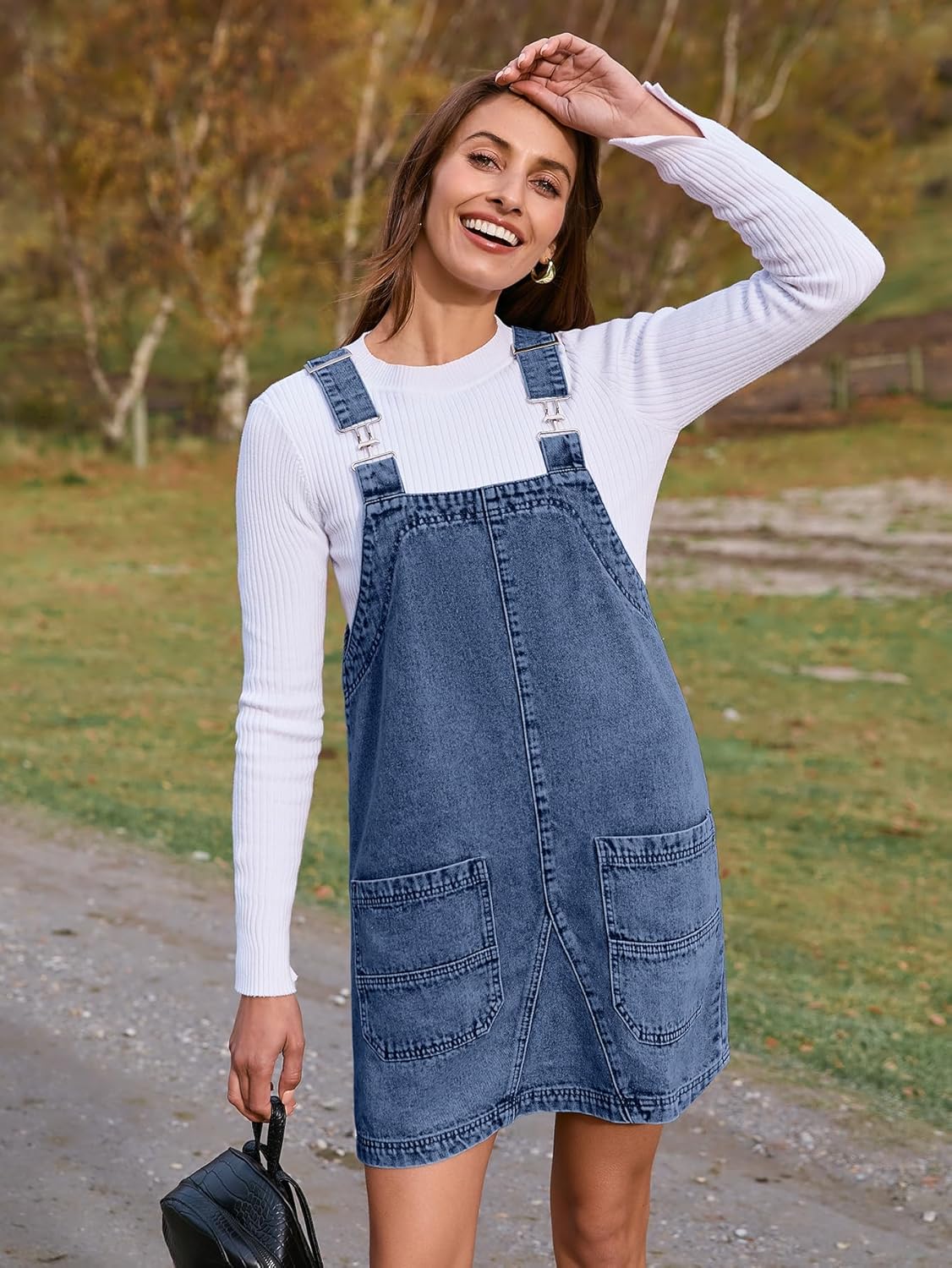 Denim Overall Jumper Dress with Pockets - Demin Blue