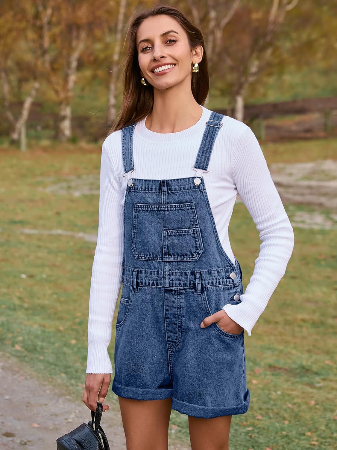 Casual Loose Fit Denim Romper with Pockets - Denim Deep Blue