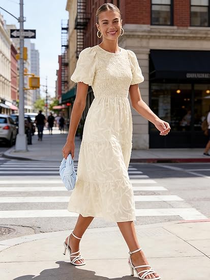 Puff Sleeve A Line Tiered Chiffon Maxi Dress