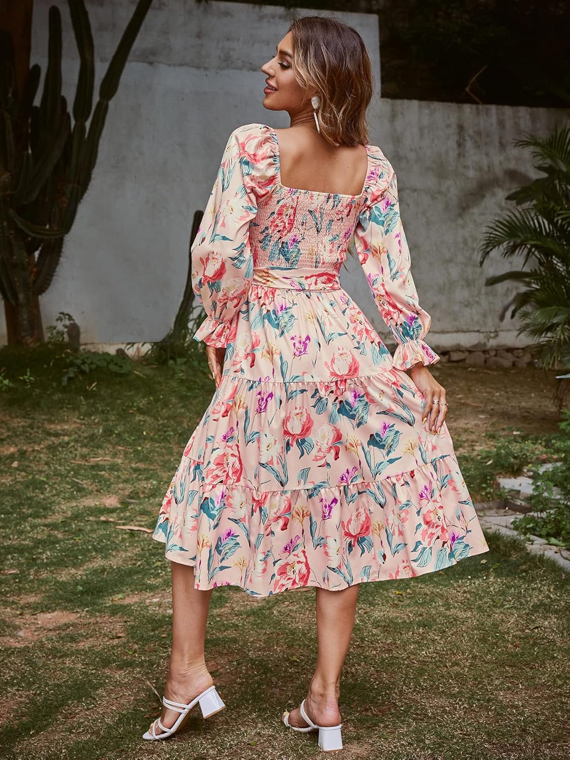 Boho Long Sleeve Ruffle Tiered Floral Midi Dress - Floral Purple