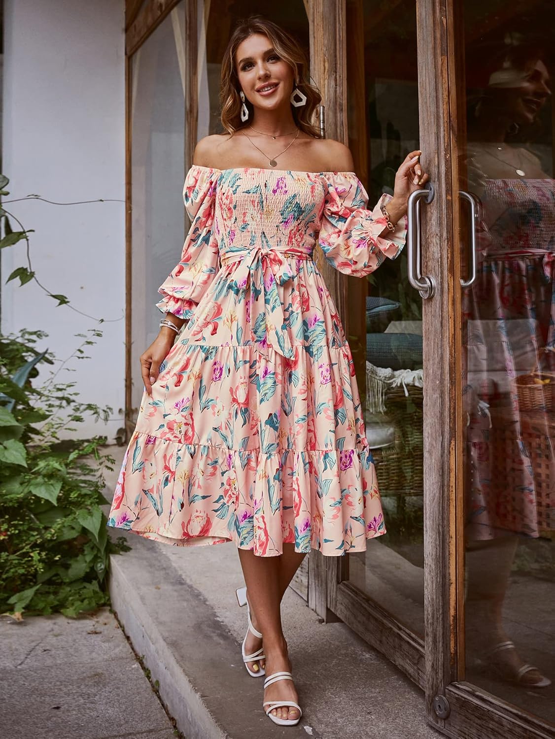 Boho Long Sleeve Ruffle Tiered Floral Midi Dress - Floral Purple