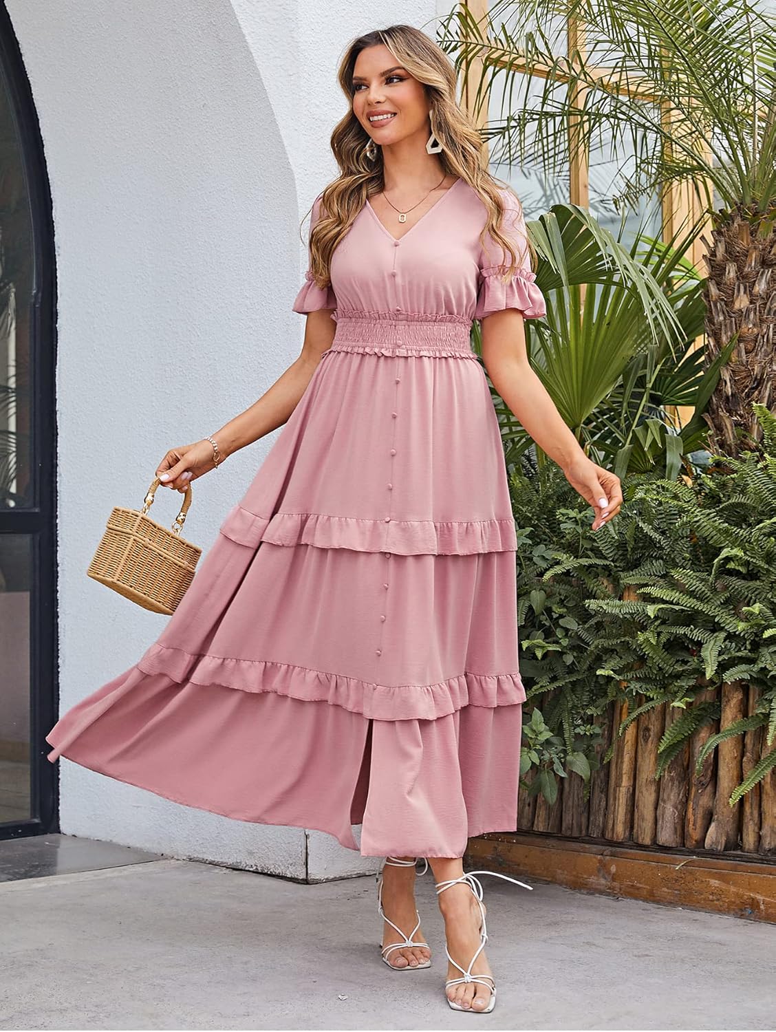 Short Sleeve Tiered Ruffle Smocked V-Neck Maxi Dress - Pink