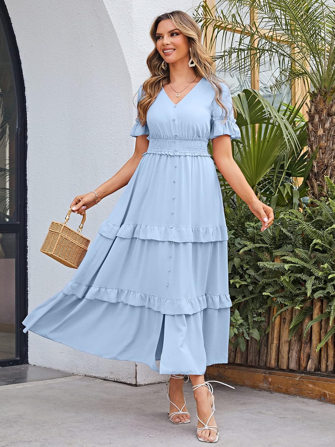 Short Sleeve Tiered Ruffle Smocked V-Neck Maxi Dress - Blue