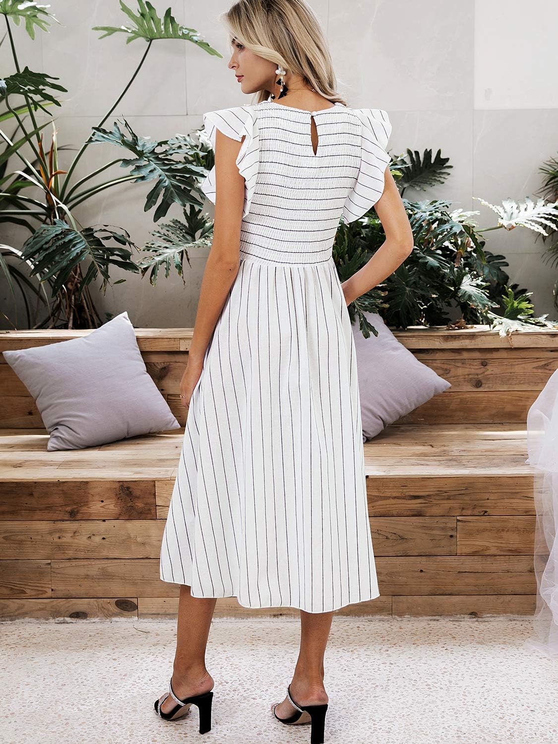 Striped Puff Sleeve Smocked A Line Midi Dress - White Stripe