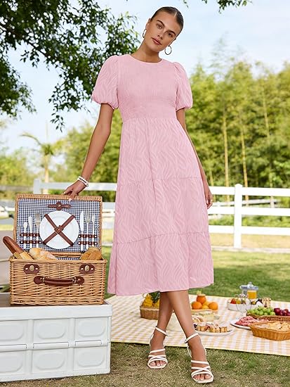 Puff Sleeve A Line Tiered Chiffon Maxi Dress