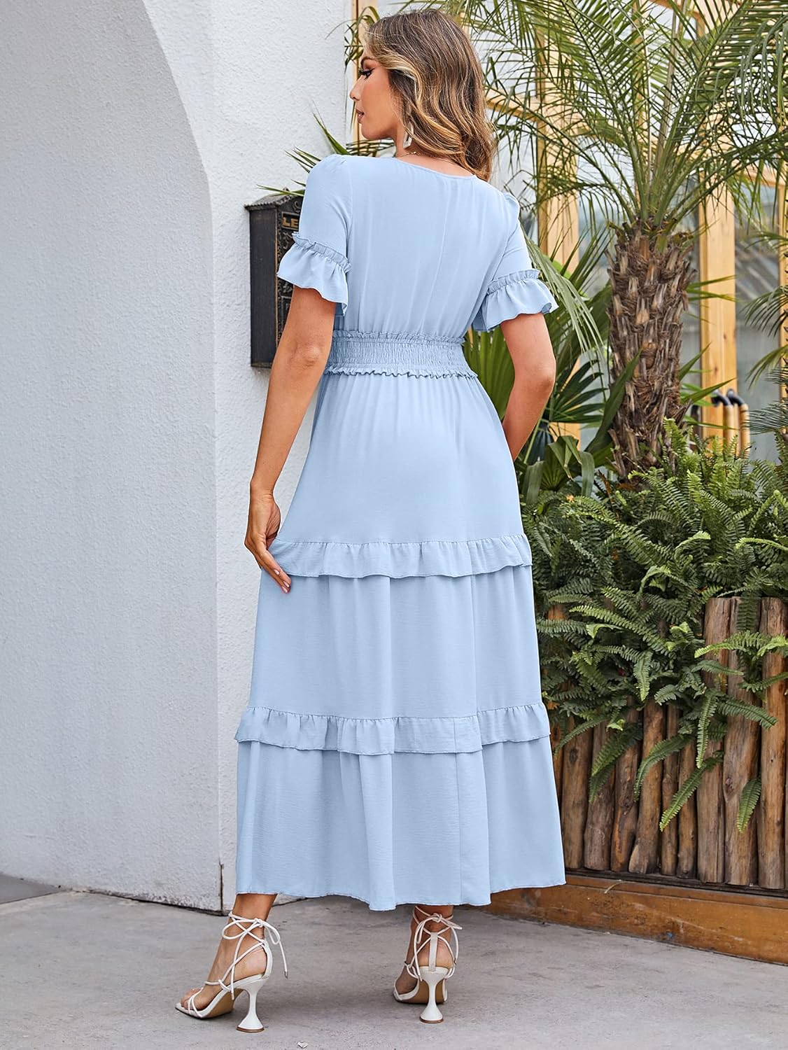 Short Sleeve Tiered Ruffle Smocked V-Neck Maxi Dress - Blue