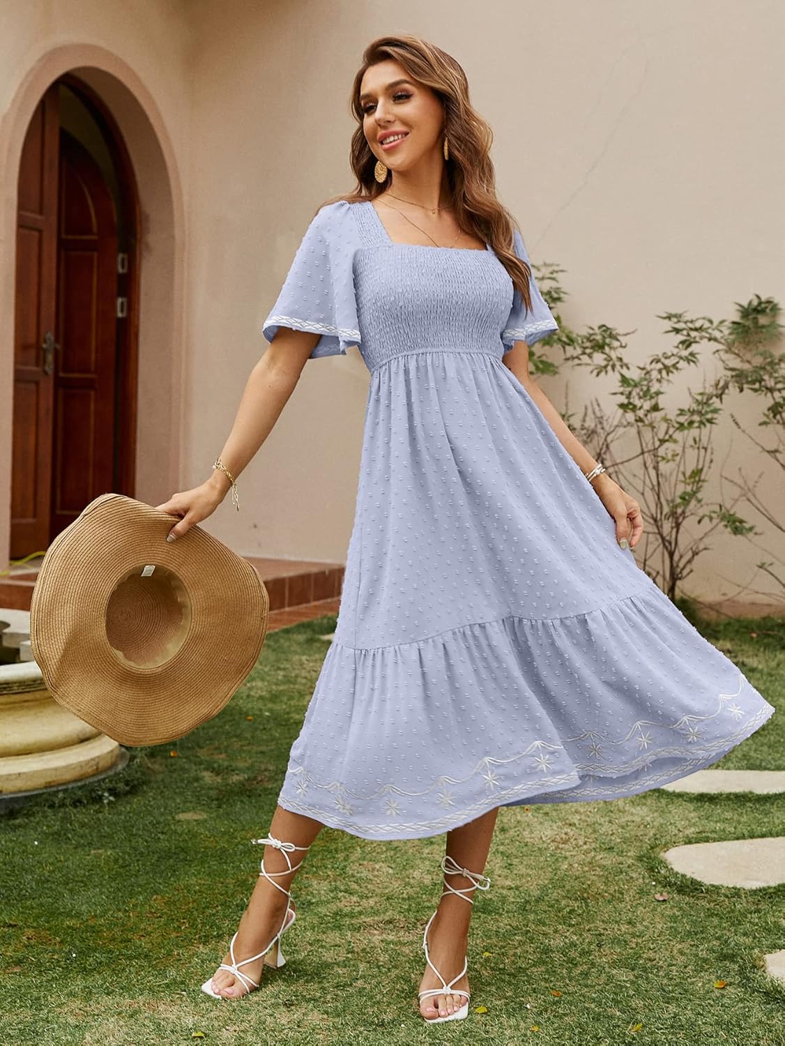 Square Neck Smocked Ruffle A Line Maxi Dress - Light Blue