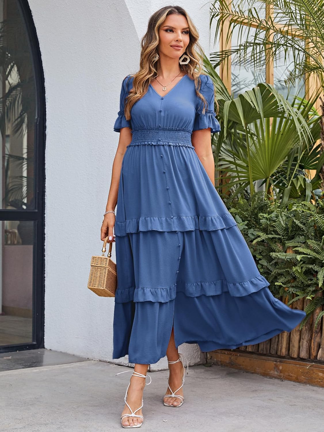 Short Sleeve Tiered Ruffle Smocked V-Neck Maxi Dress - Dusty Blue